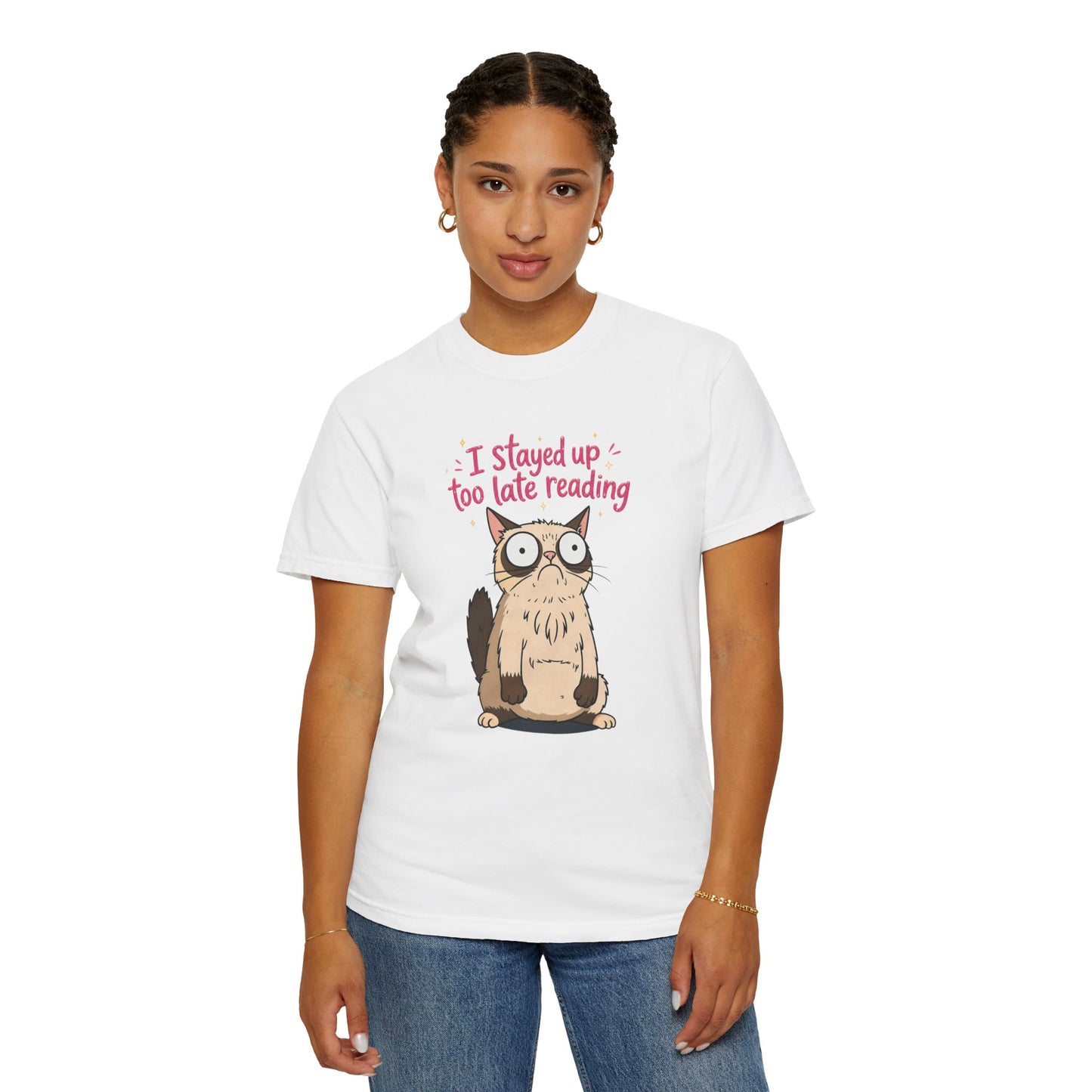 "I Stayed Up Too Late Reading" Cat T-Shirt — Cute Book Lover Graphic Tee