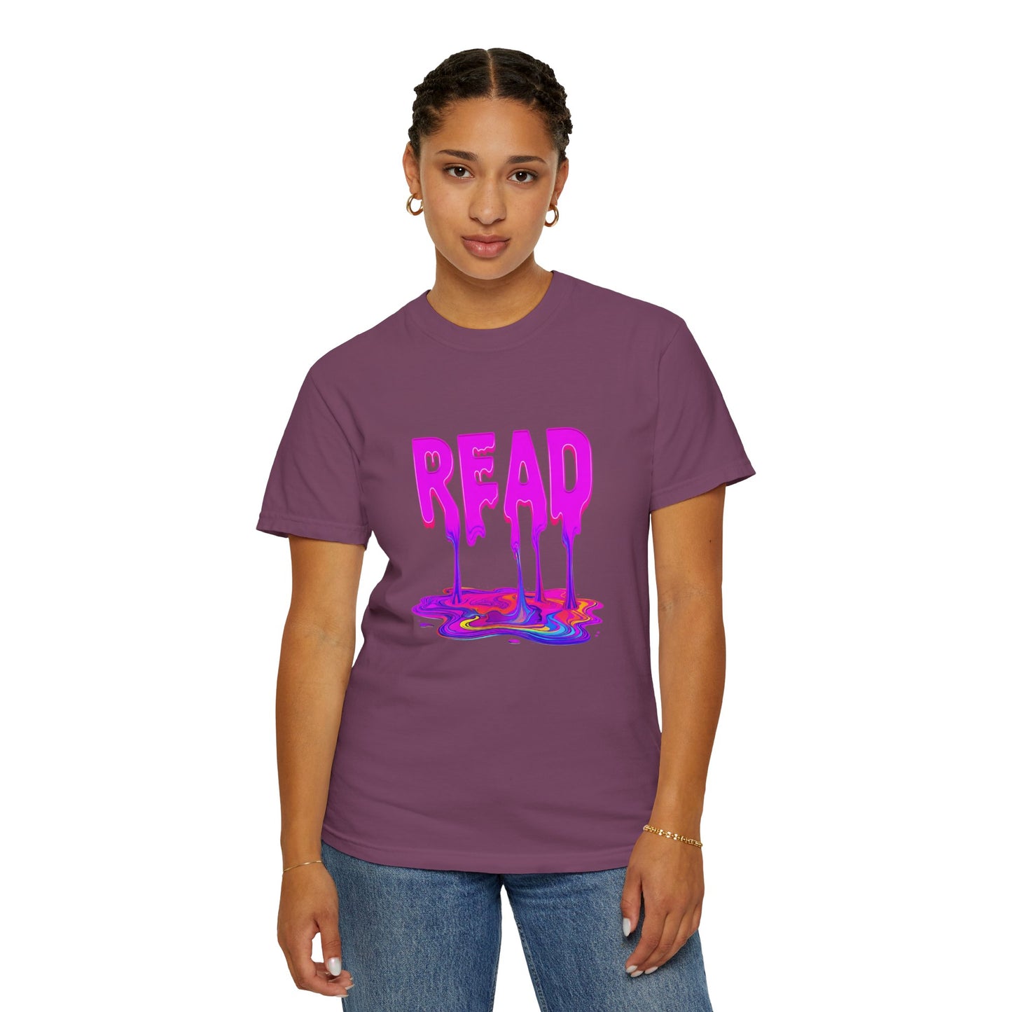 "READ" Dripping Graphic T-Shirt — Psychedelic Melting Book Design