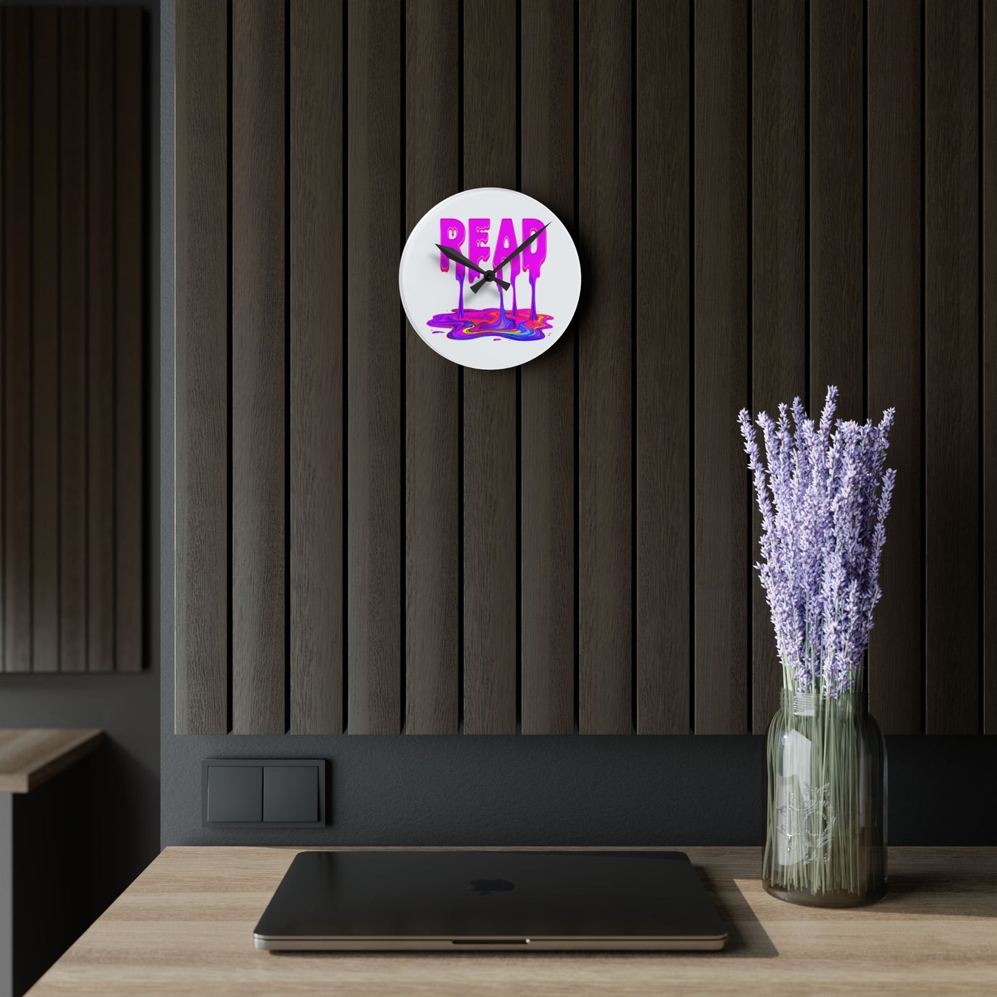 Acrylic Wall Clock — "READ" Drippy Neon Melt Art Clock for Book Lovers