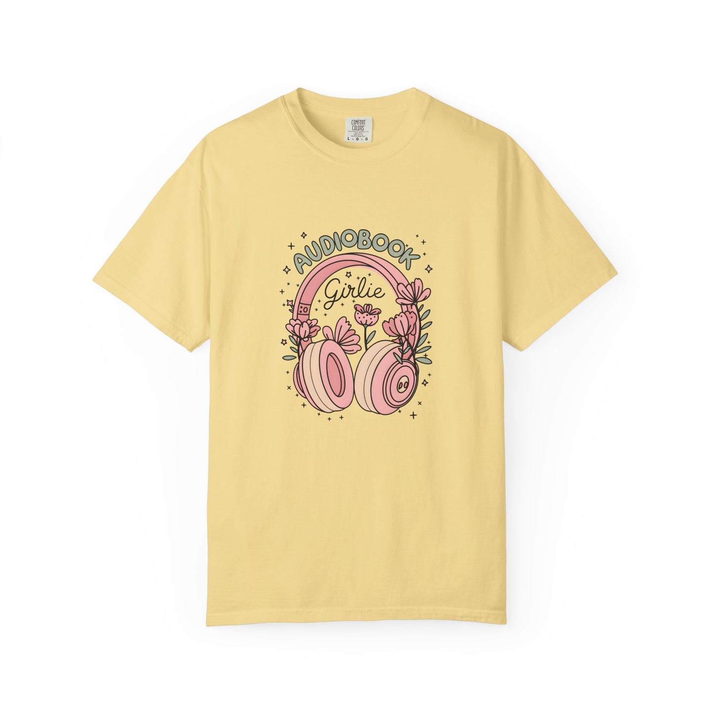 "Audiobook Girlie" T-Shirt — Floral Headphones Graphic Tee