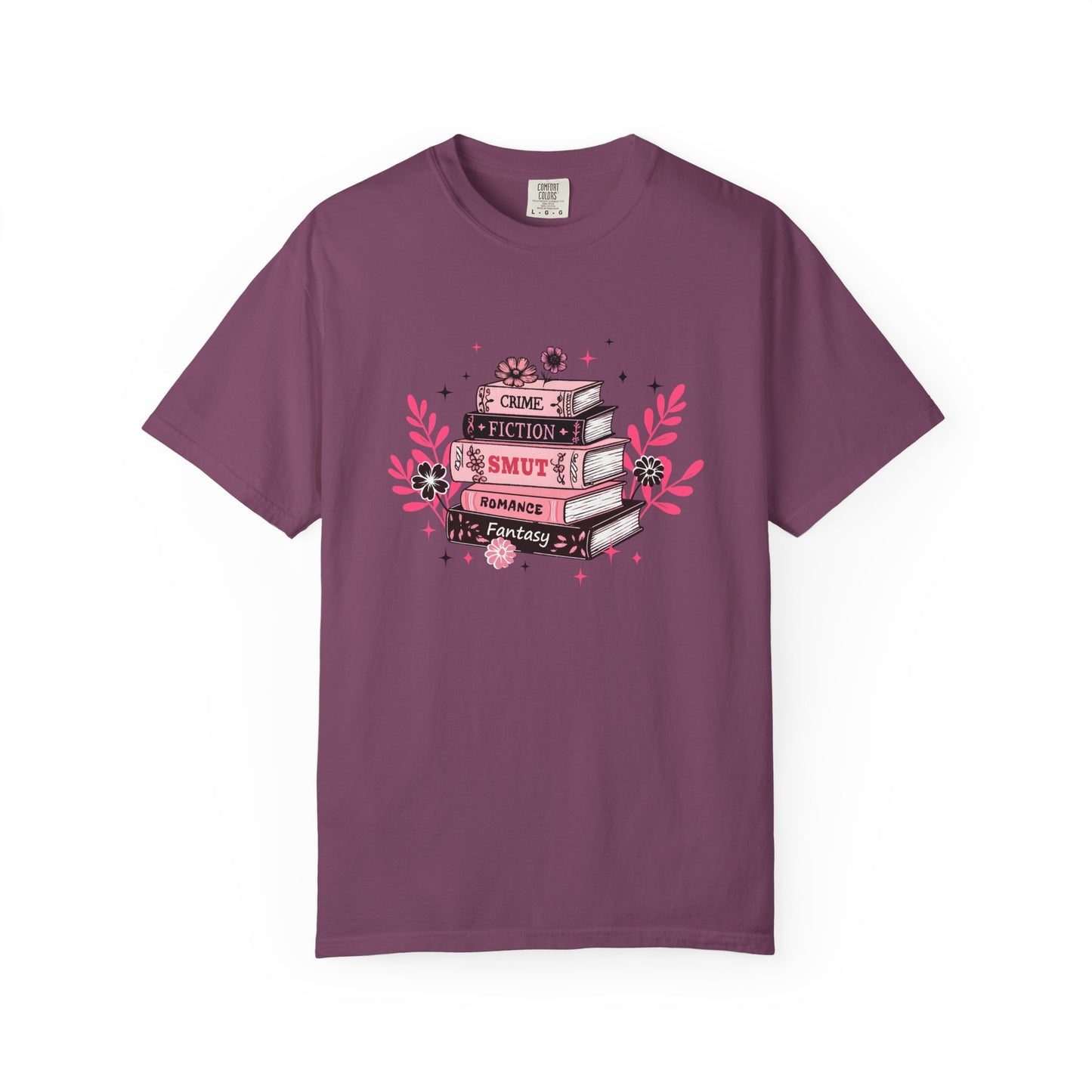 Book Stack Graphic T-Shirt — Cute Floral Reading Shirt (Crime, Fiction, Smut, Romance)
