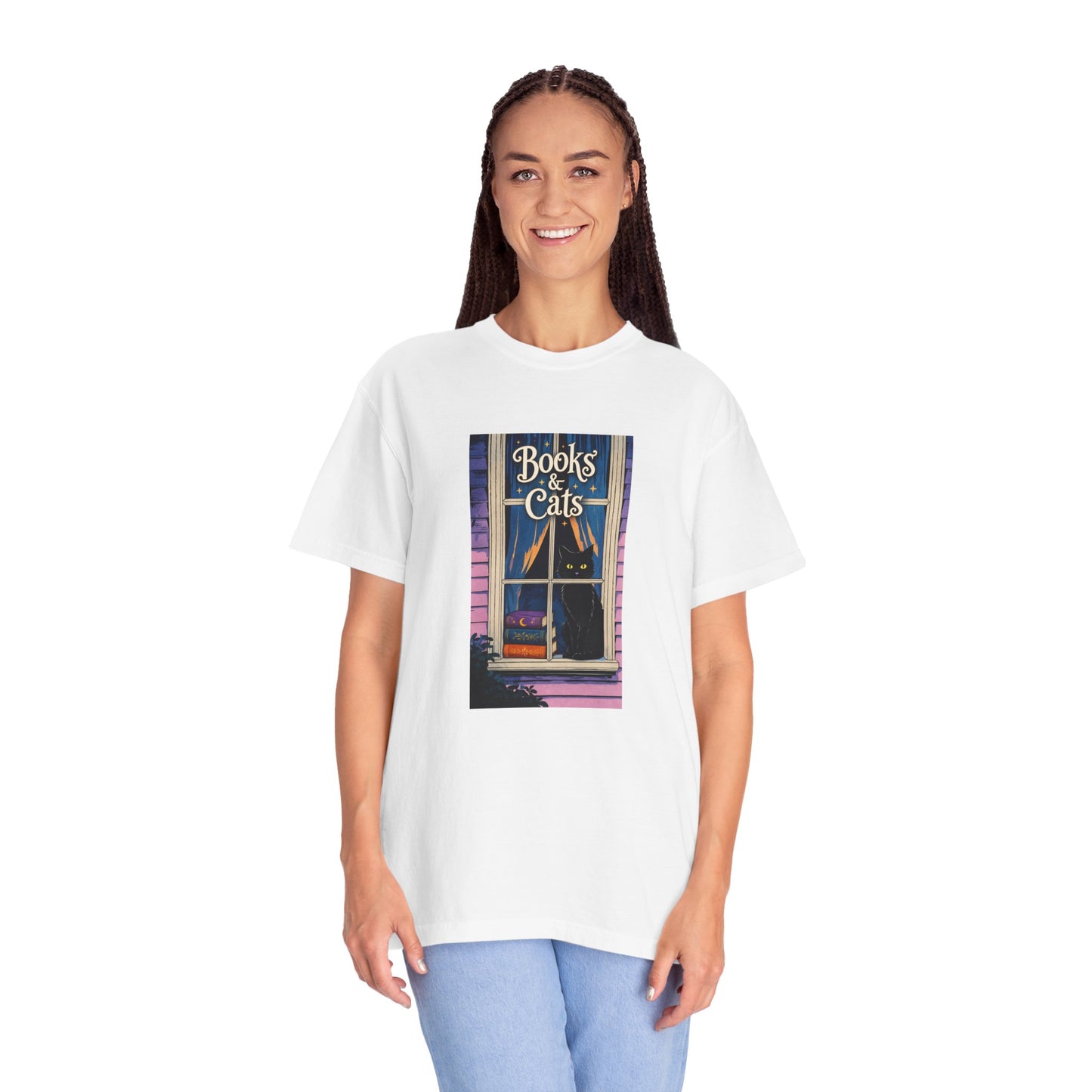 "Books & Cats" T-Shirt — Cozy Bookshop Window Graphic Tee