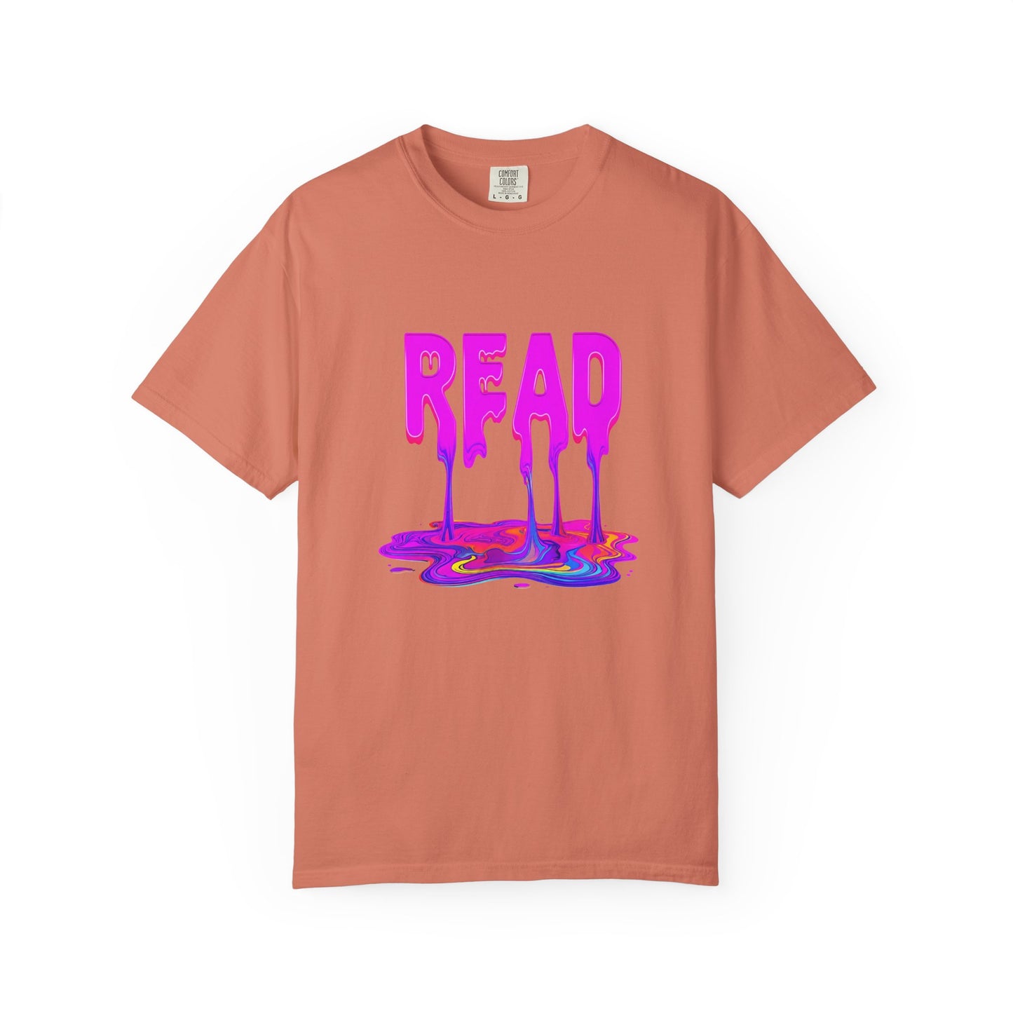 "READ" Dripping Graphic T-Shirt — Psychedelic Melting Book Design