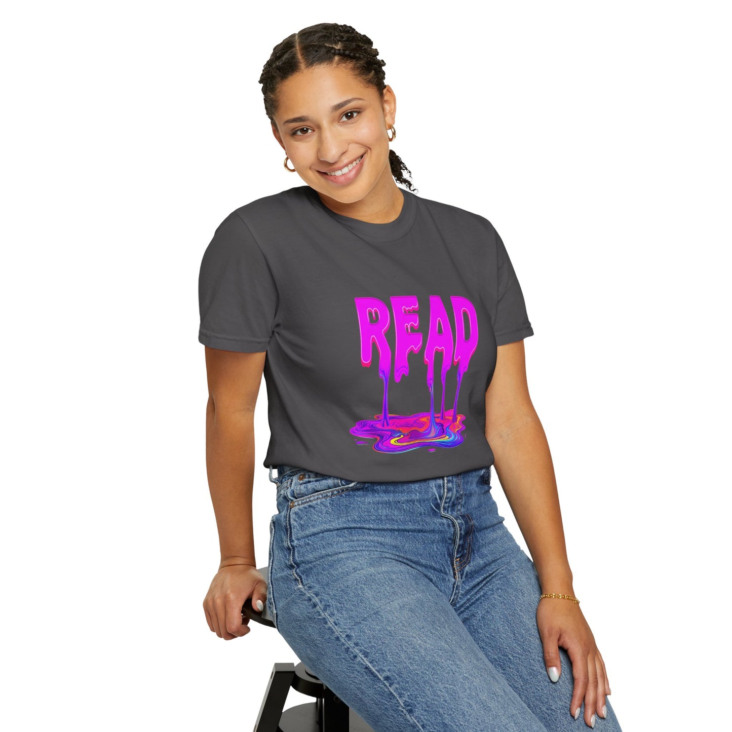 "READ" Dripping Graphic T-Shirt — Psychedelic Melting Book Design