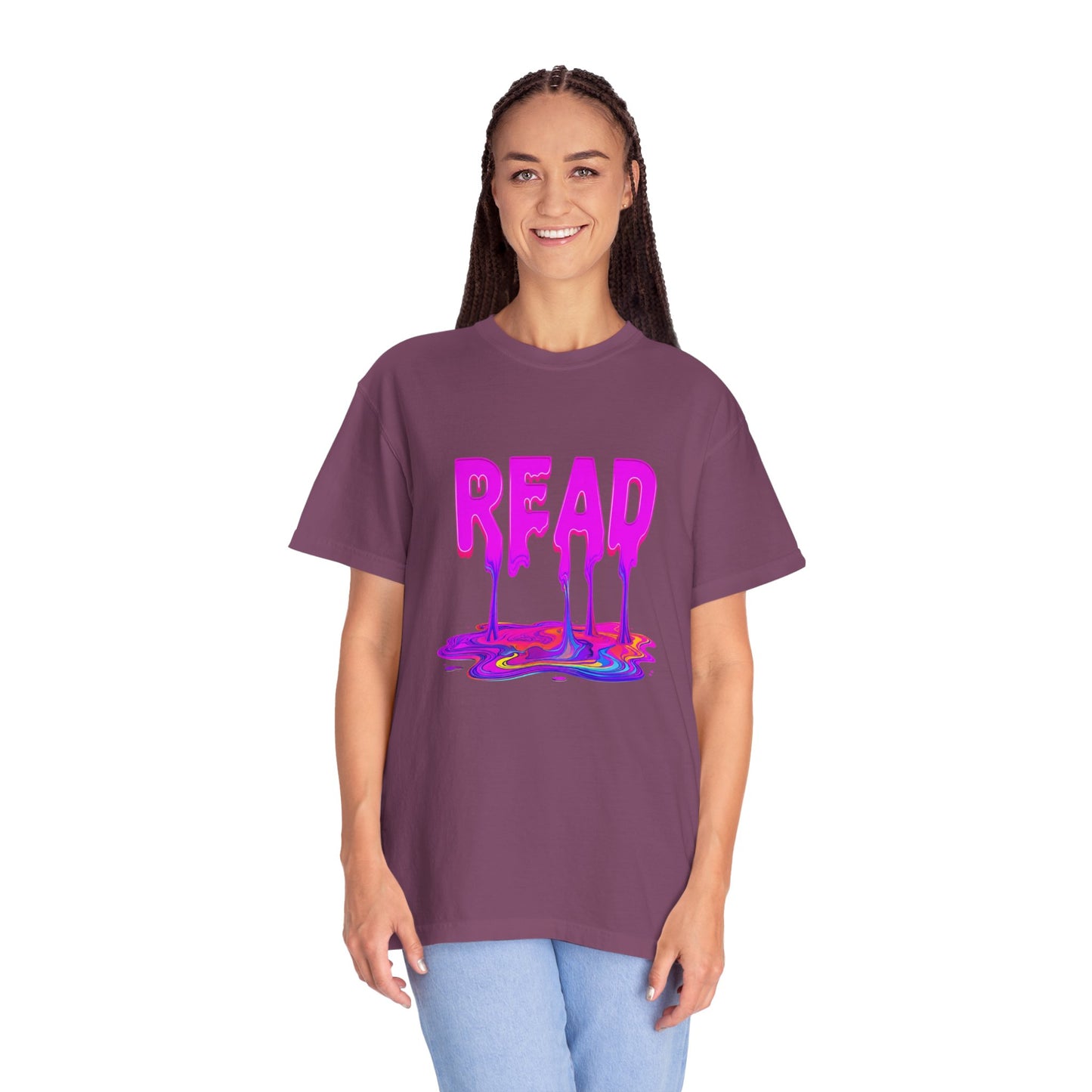 "READ" Dripping Graphic T-Shirt — Psychedelic Melting Book Design