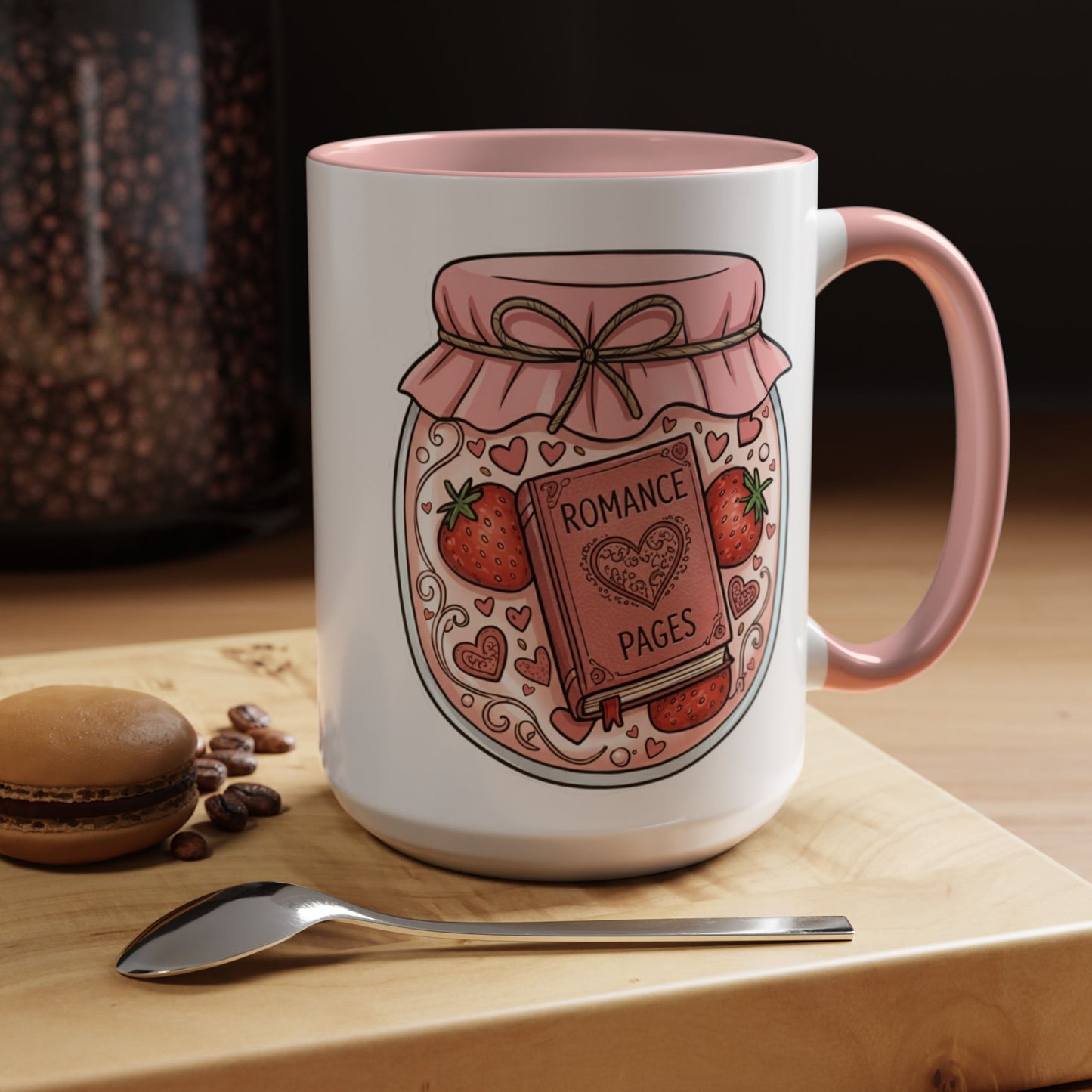"Romance Pages" Jam Jar Coffee Mug — Cute Strawberry Jam Romance Readers Mug (11/15oz)