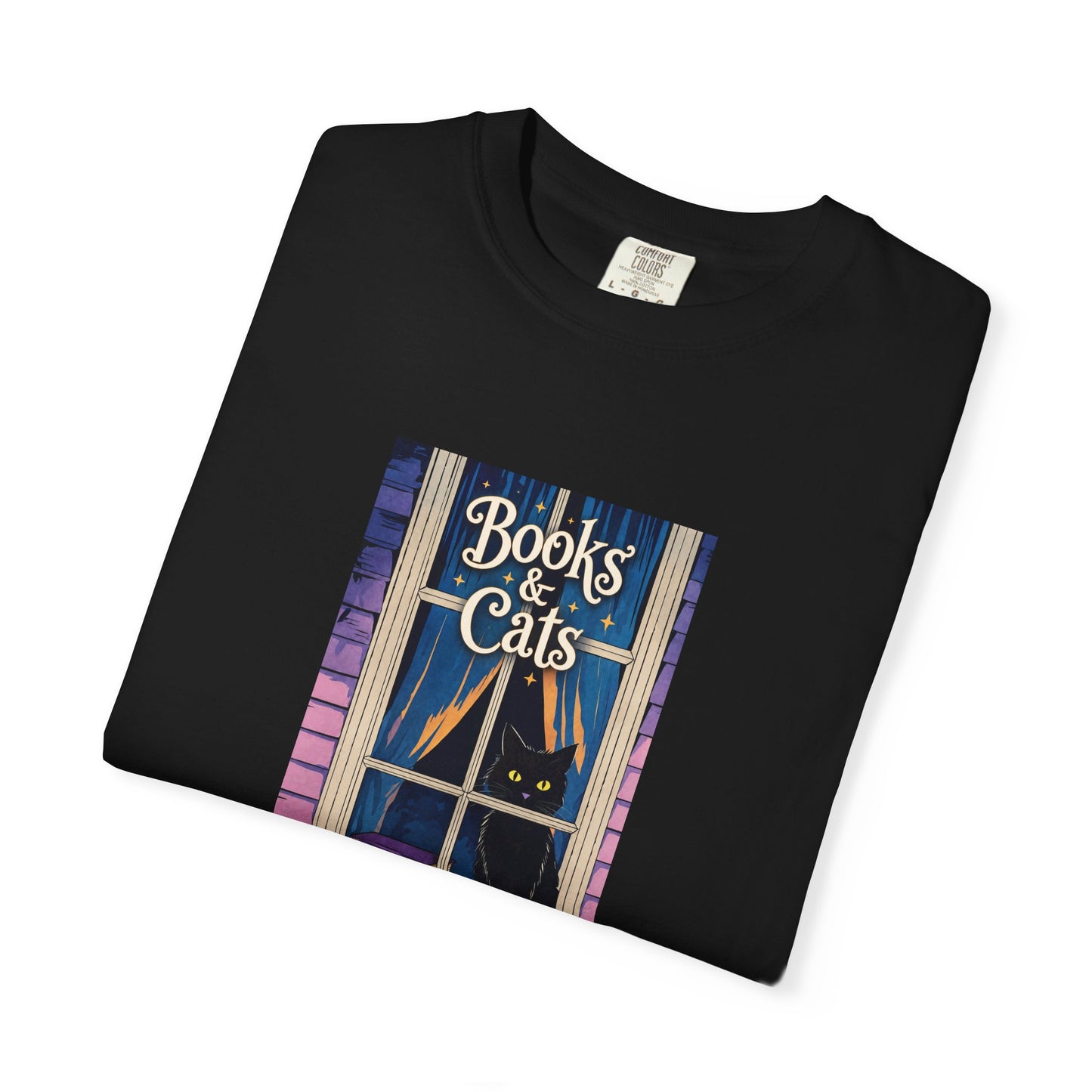 "Books & Cats" T-Shirt — Cozy Bookshop Window Graphic Tee