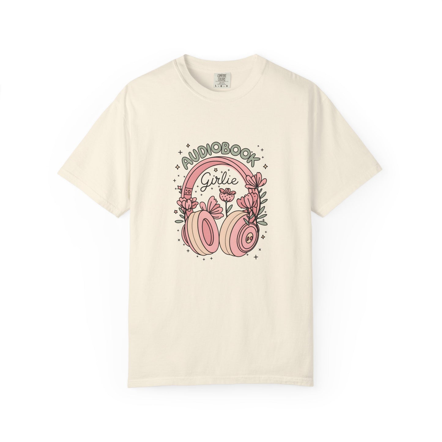 "Audiobook Girlie" T-Shirt — Floral Headphones Graphic Tee