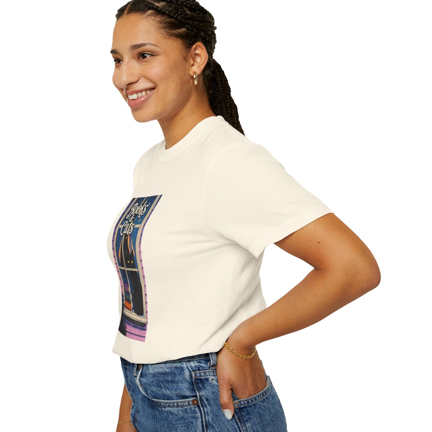 "Books & Cats" T-Shirt — Cozy Bookshop Window Graphic Tee