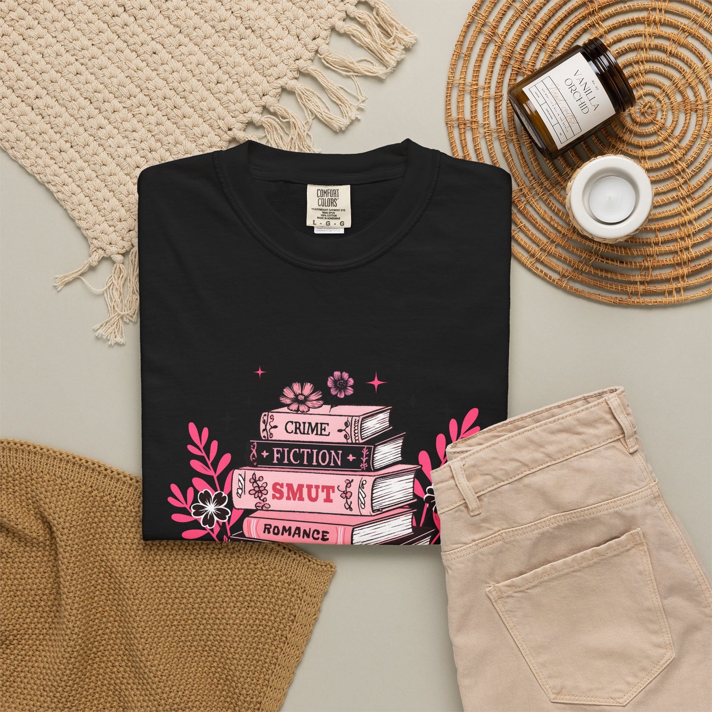 Book Stack Graphic T-Shirt — Cute Floral Reading Shirt (Crime, Fiction, Smut, Romance)