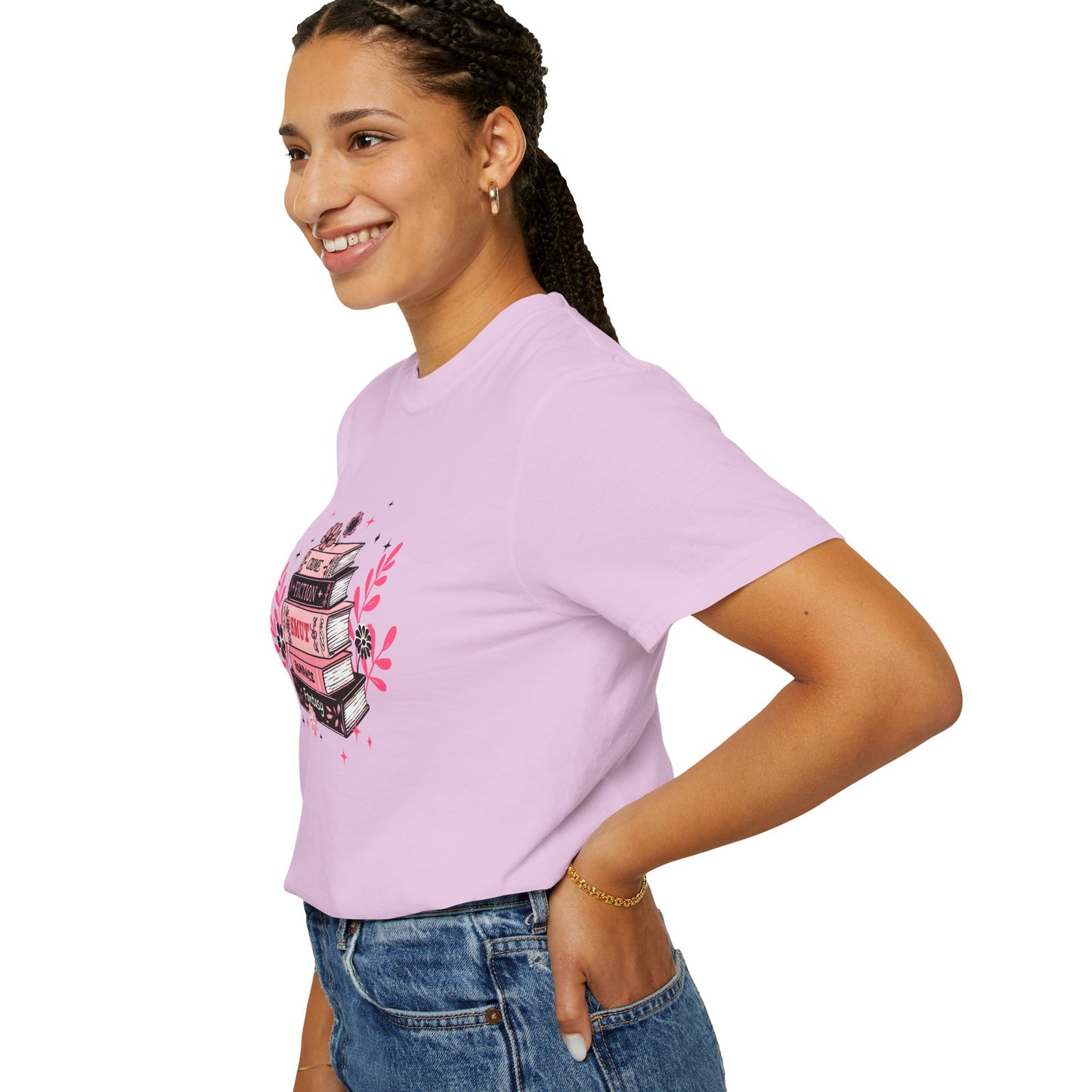 Book Stack Graphic T-Shirt — Cute Floral Reading Shirt (Crime, Fiction, Smut, Romance)