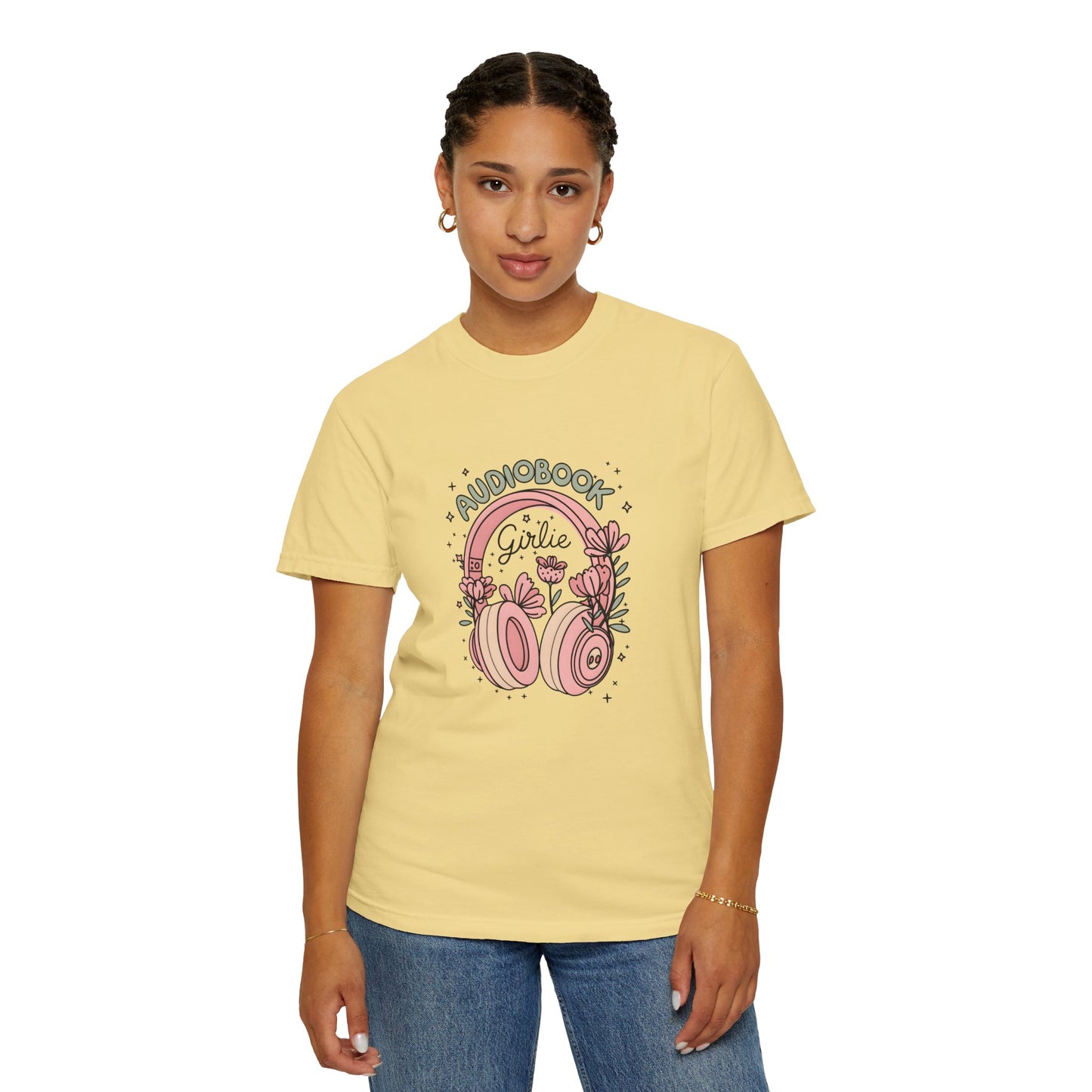 "Audiobook Girlie" T-Shirt — Floral Headphones Graphic Tee
