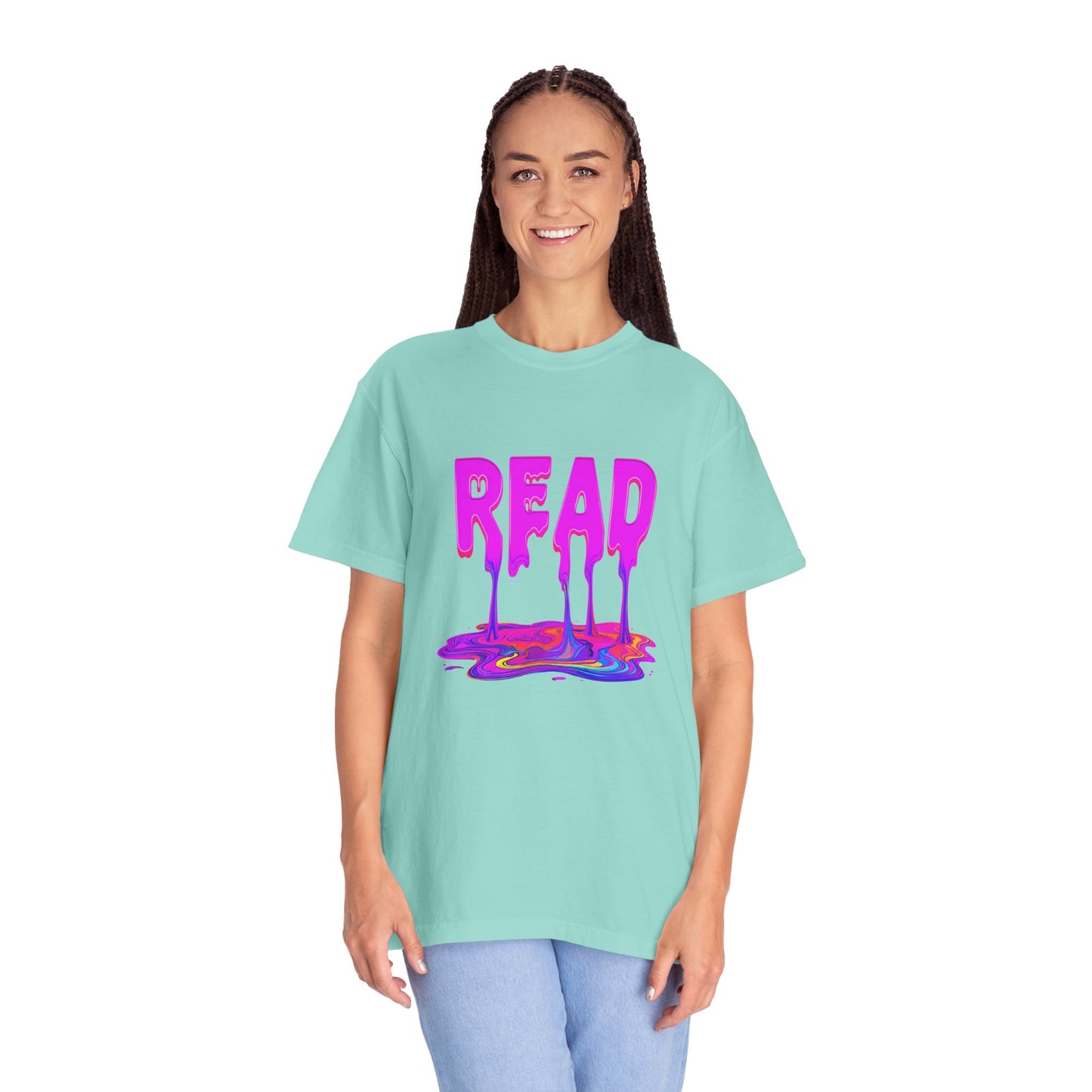 "READ" Dripping Graphic T-Shirt — Psychedelic Melting Book Design