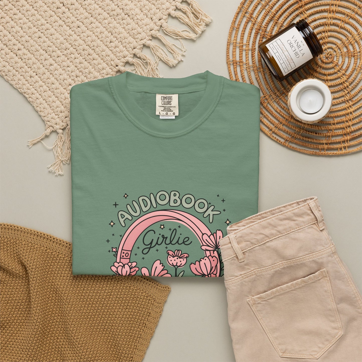 "Audiobook Girlie" T-Shirt — Floral Headphones Graphic Tee