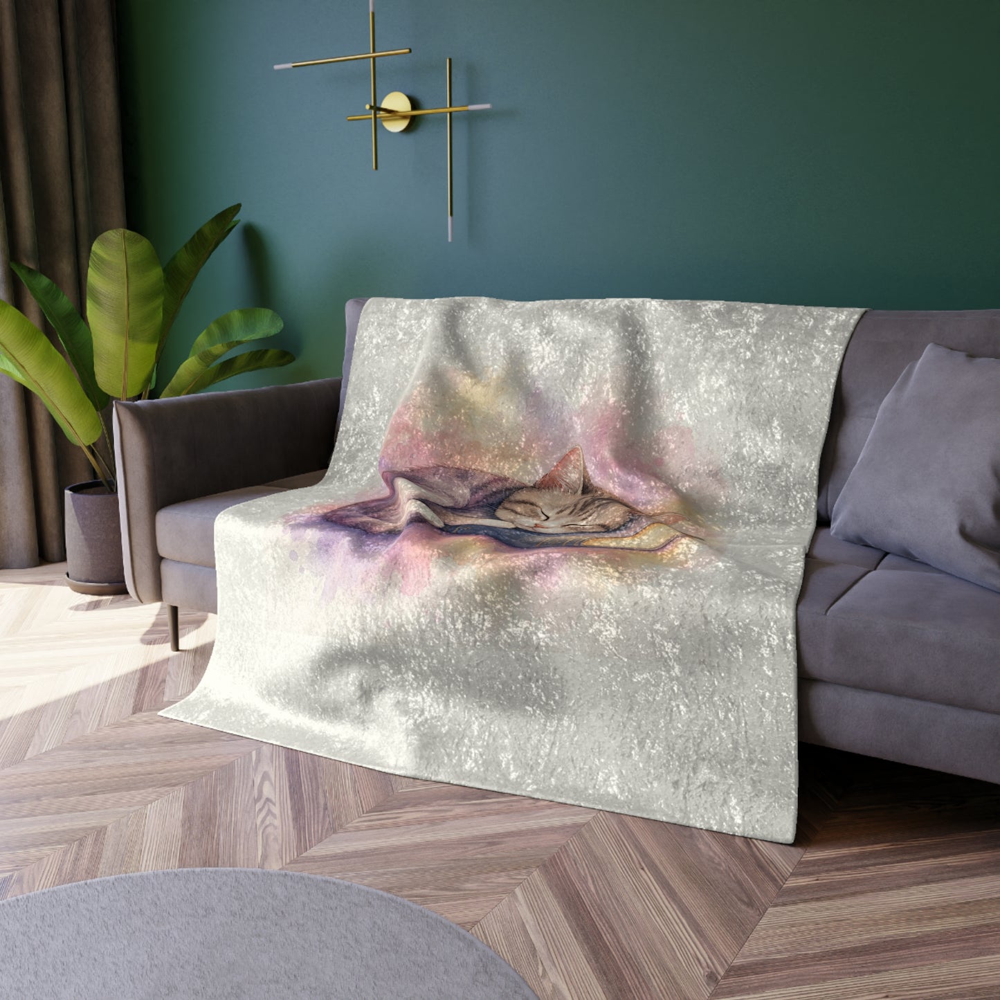 Crushed Velvet Blanket — Cozy Sleeping Cat on Book Plush Throw