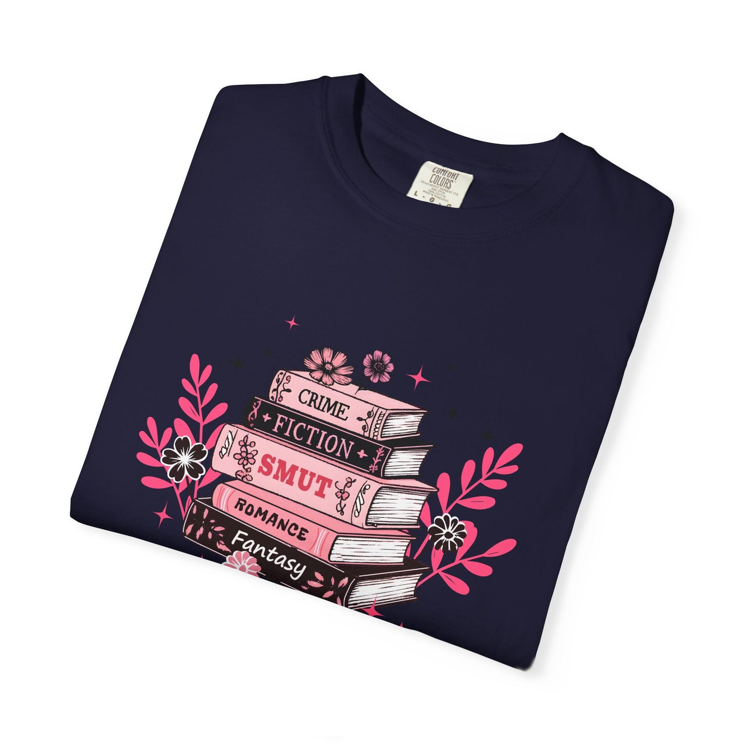 Book Stack Graphic T-Shirt — Cute Floral Reading Shirt (Crime, Fiction, Smut, Romance)