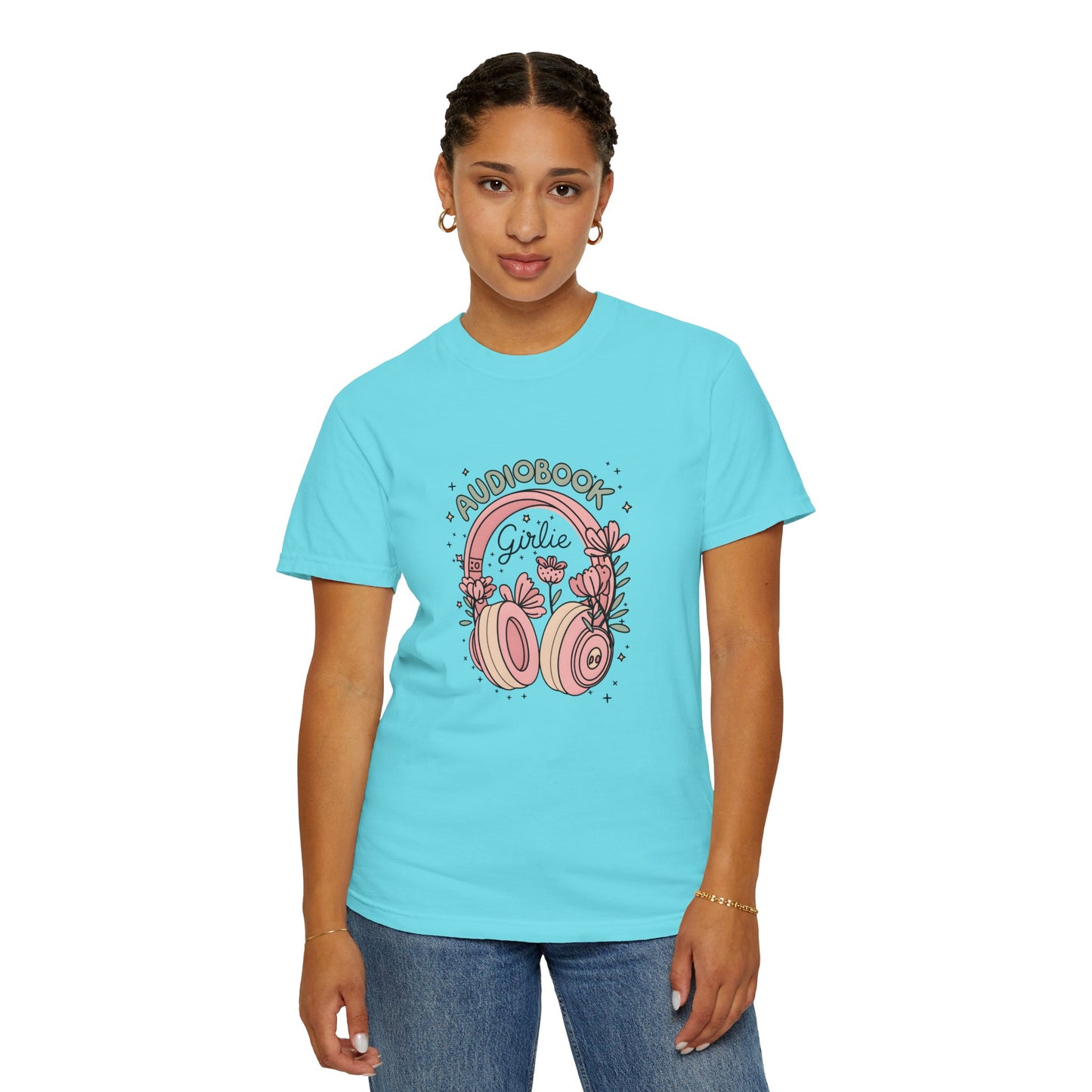 "Audiobook Girlie" T-Shirt — Floral Headphones Graphic Tee