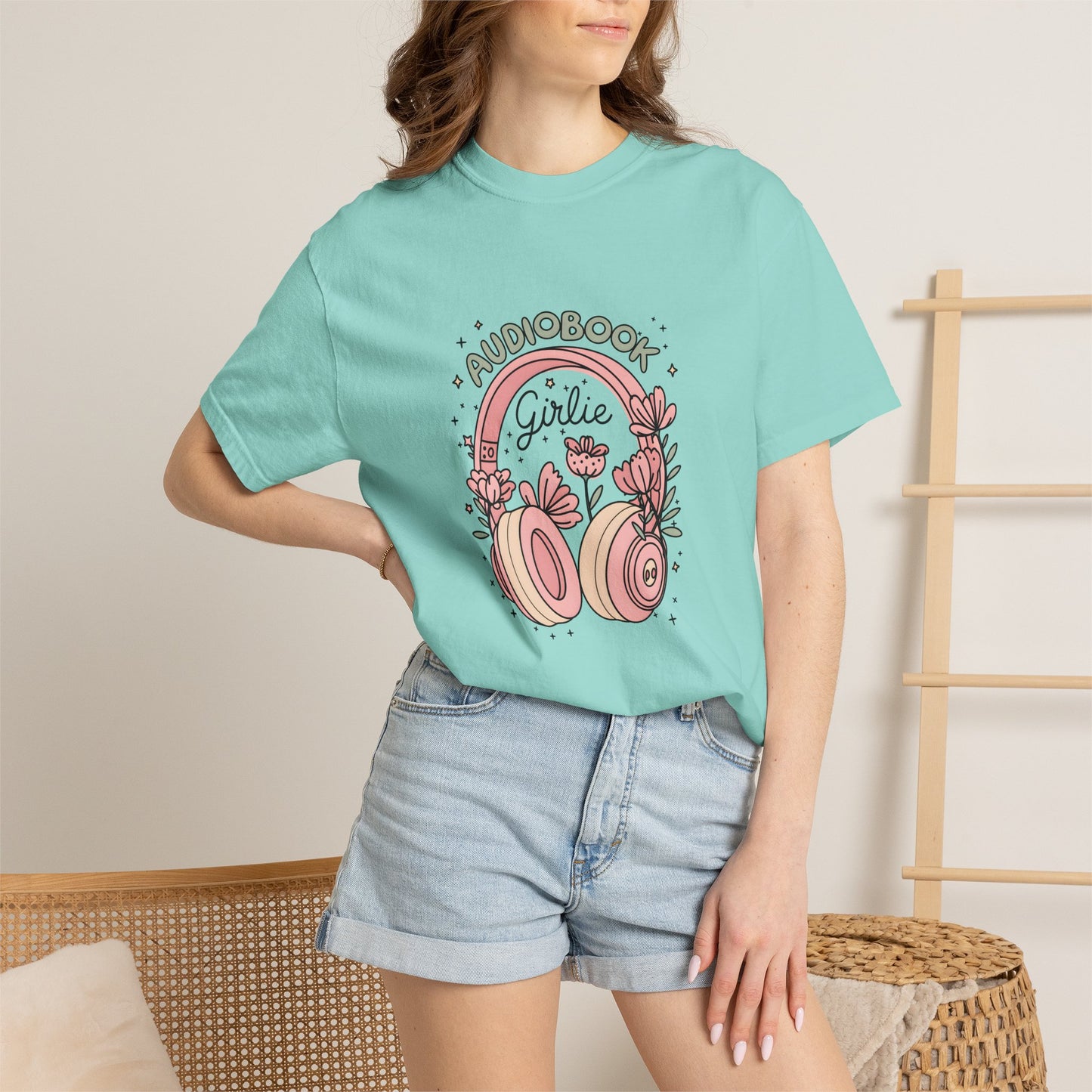 "Audiobook Girlie" T-Shirt — Floral Headphones Graphic Tee