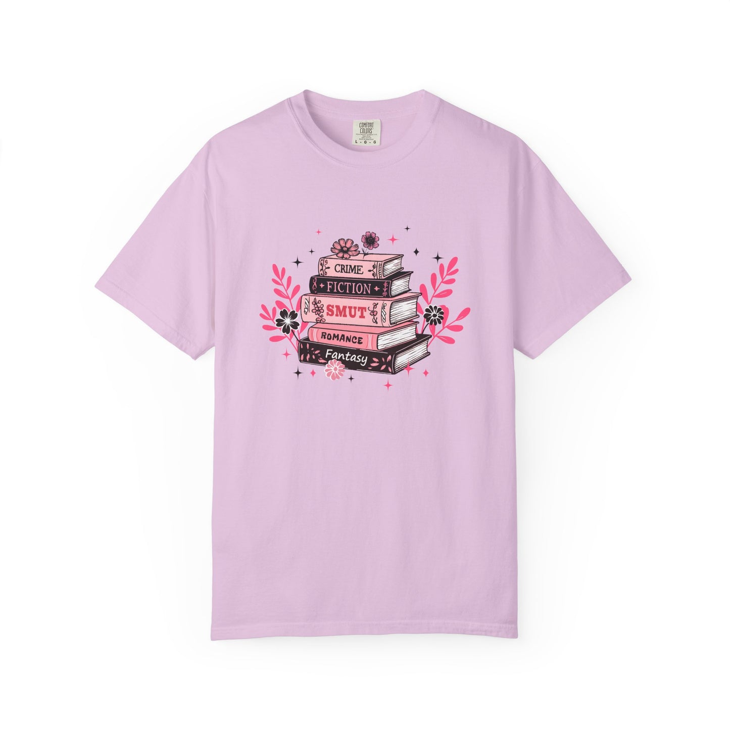 Book Stack Graphic T-Shirt — Cute Floral Reading Shirt (Crime, Fiction, Smut, Romance)