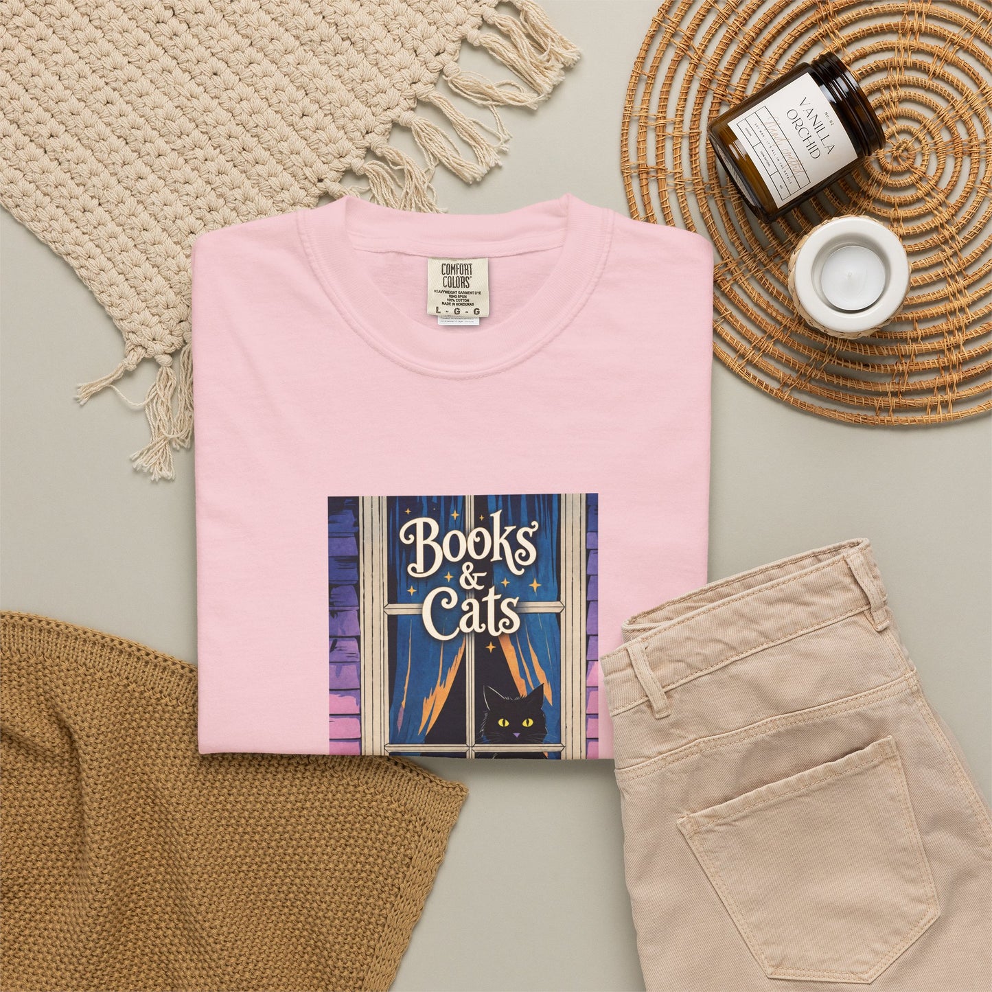 "Books & Cats" T-Shirt — Cozy Bookshop Window Graphic Tee