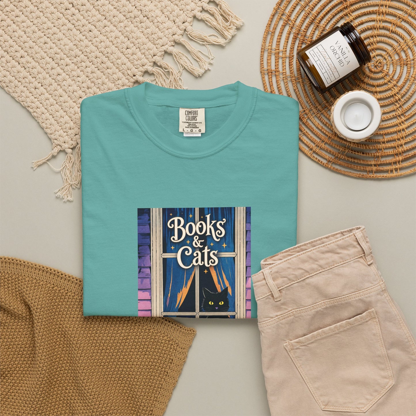 "Books & Cats" T-Shirt — Cozy Bookshop Window Graphic Tee