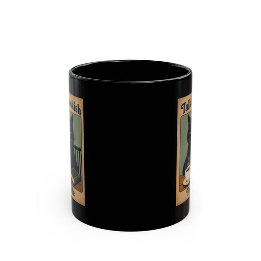 Bookish Cat Coffee Mug — “Talk Bookish To Me” Black Ceramic Mug