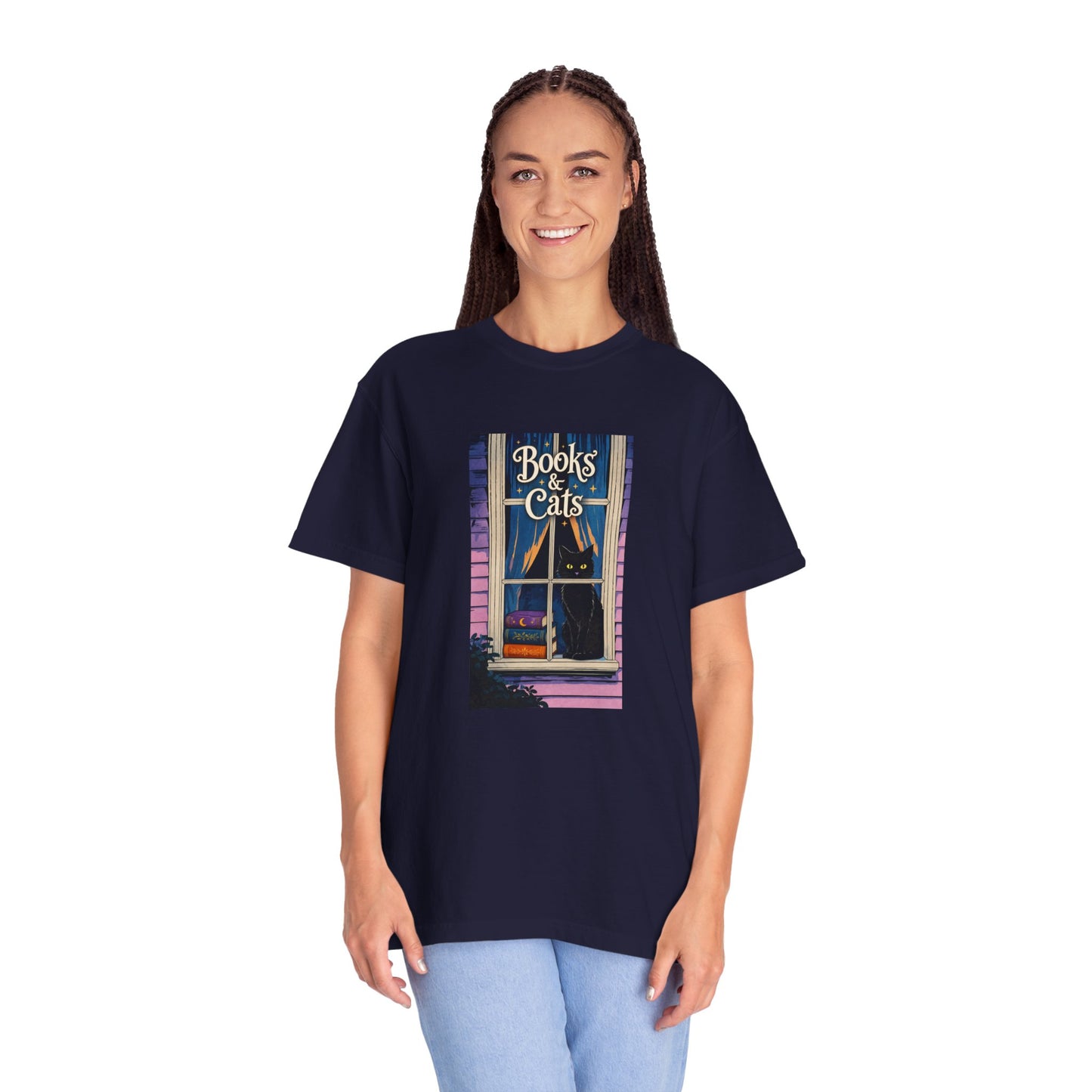 "Books & Cats" T-Shirt — Cozy Bookshop Window Graphic Tee