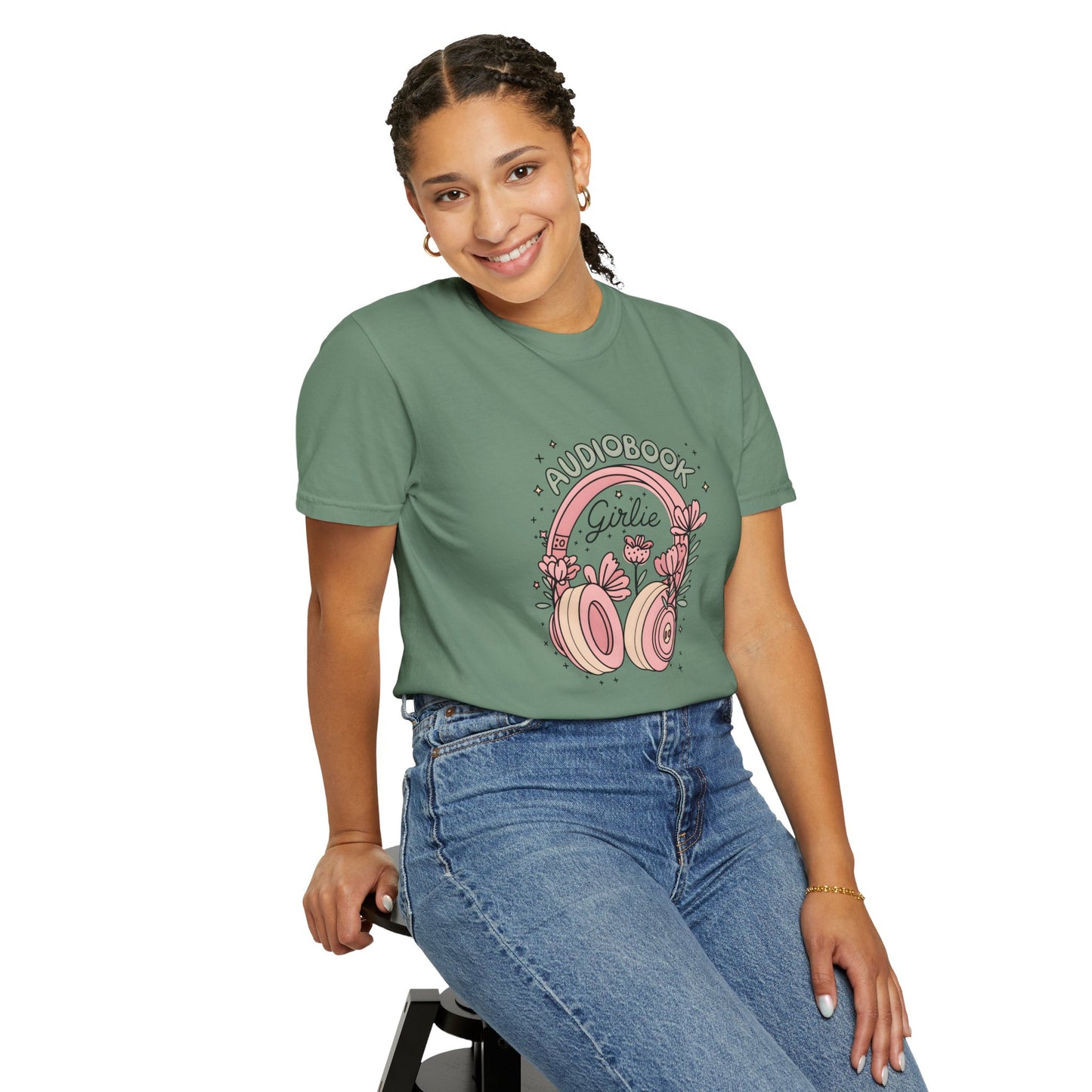 "Audiobook Girlie" T-Shirt — Floral Headphones Graphic Tee