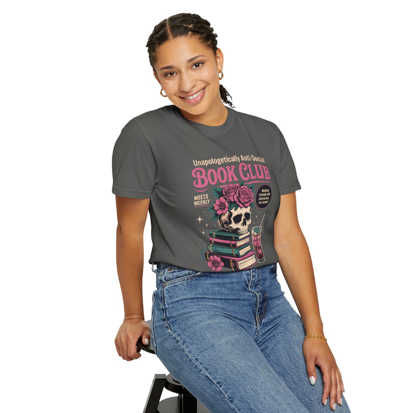 "Unapologetically Anti-Social Book Club" T-Shirt — Skull & Books Graphic Tee for Avid Readers