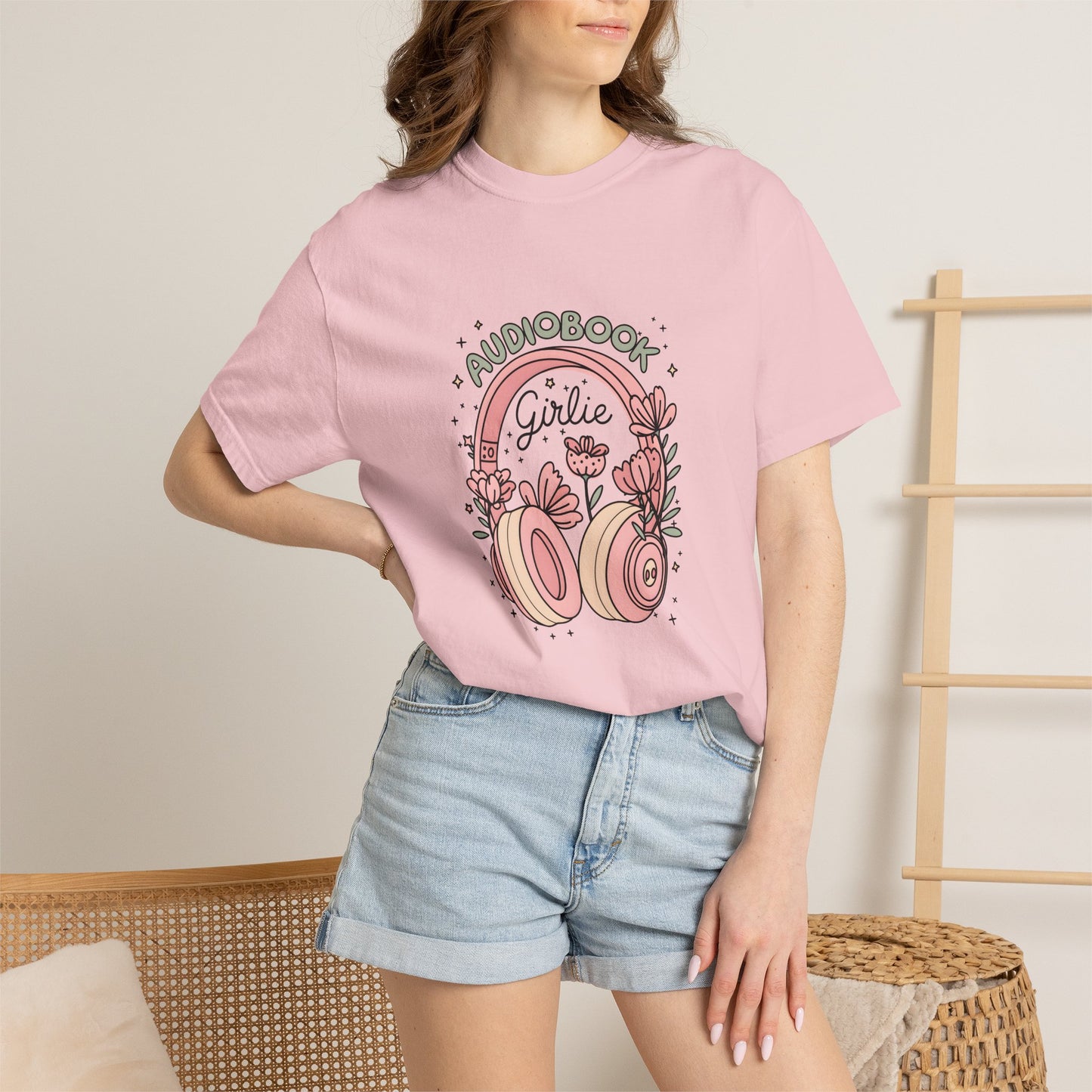 "Audiobook Girlie" T-Shirt — Floral Headphones Graphic Tee