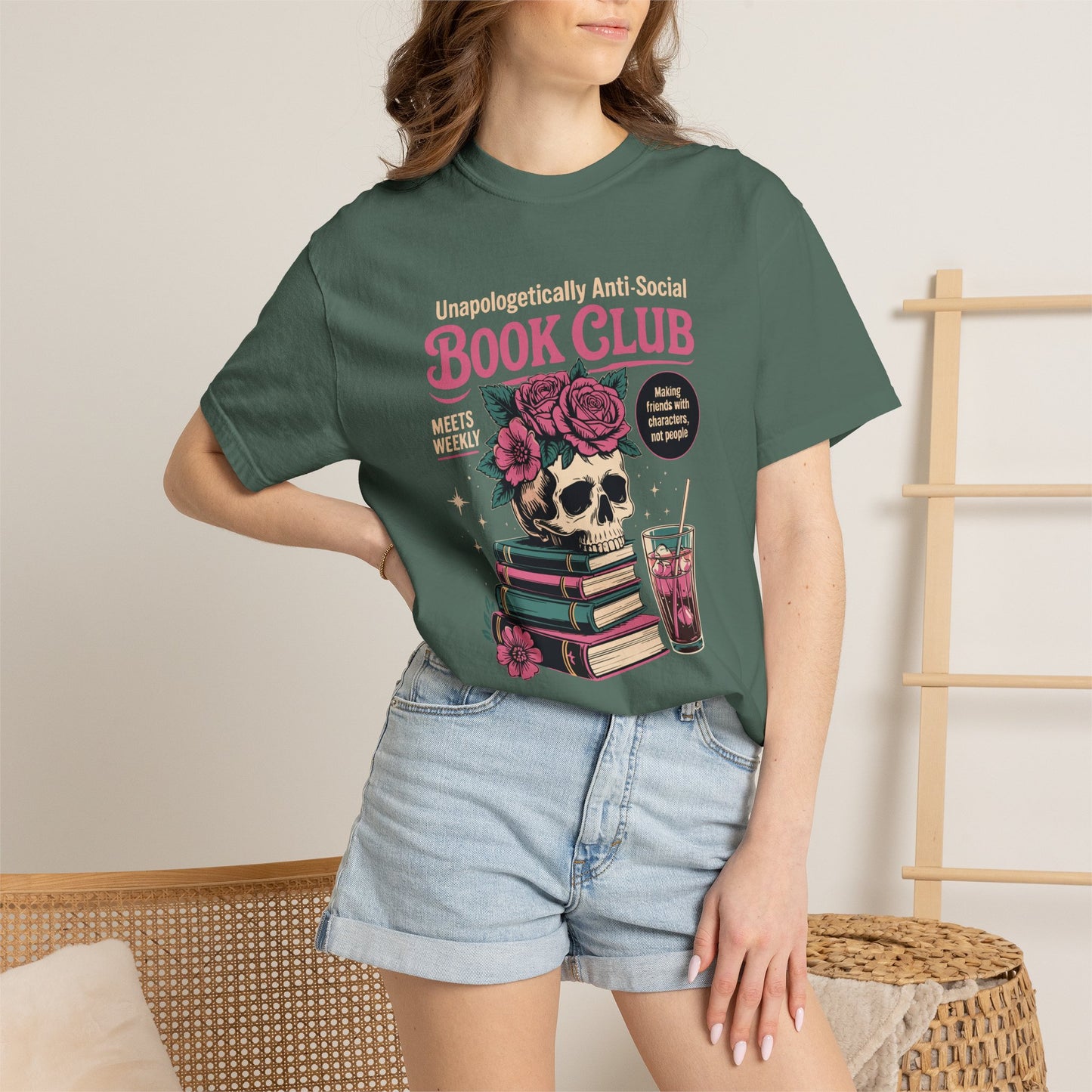"Unapologetically Anti-Social Book Club" T-Shirt — Skull & Books Graphic Tee for Avid Readers