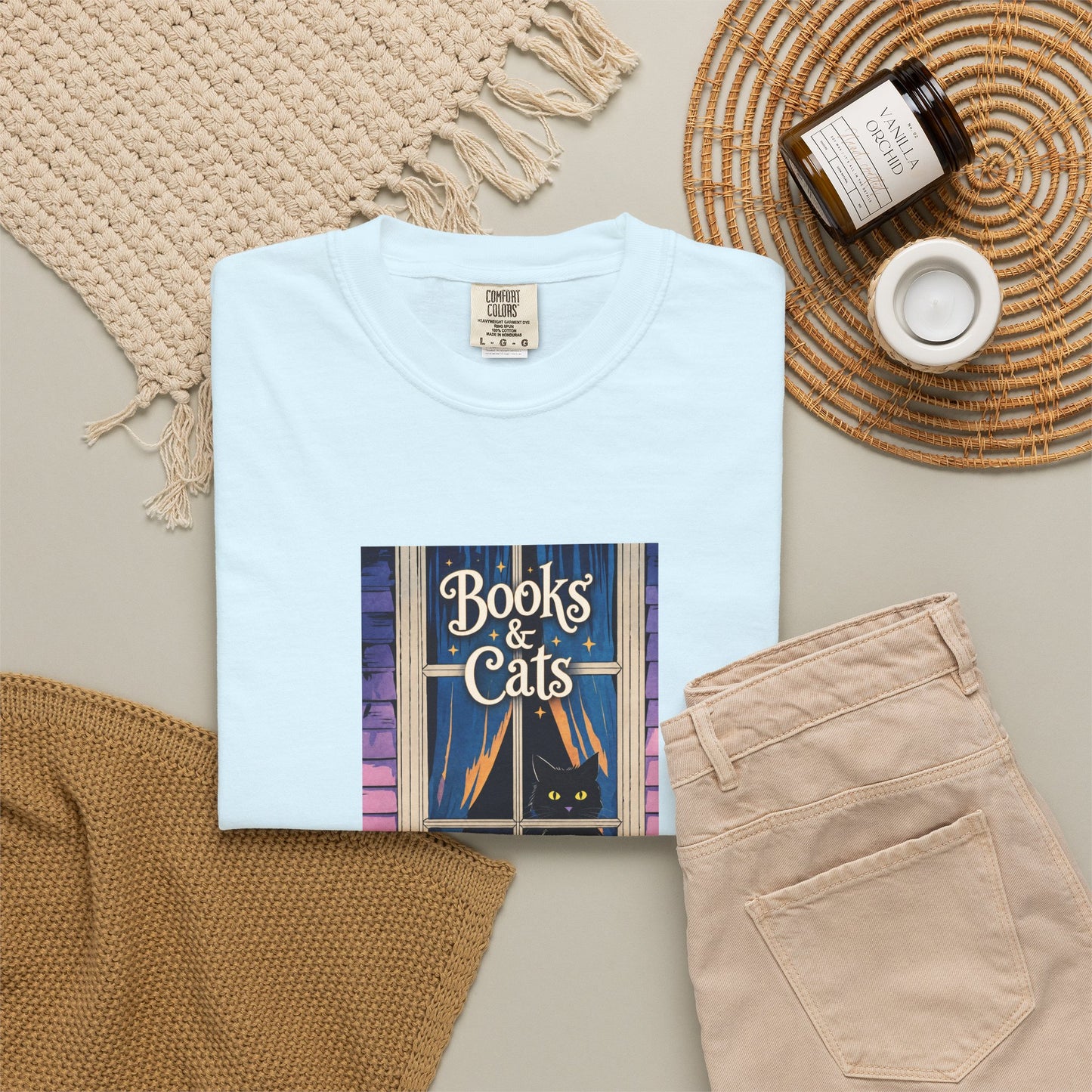 "Books & Cats" T-Shirt — Cozy Bookshop Window Graphic Tee