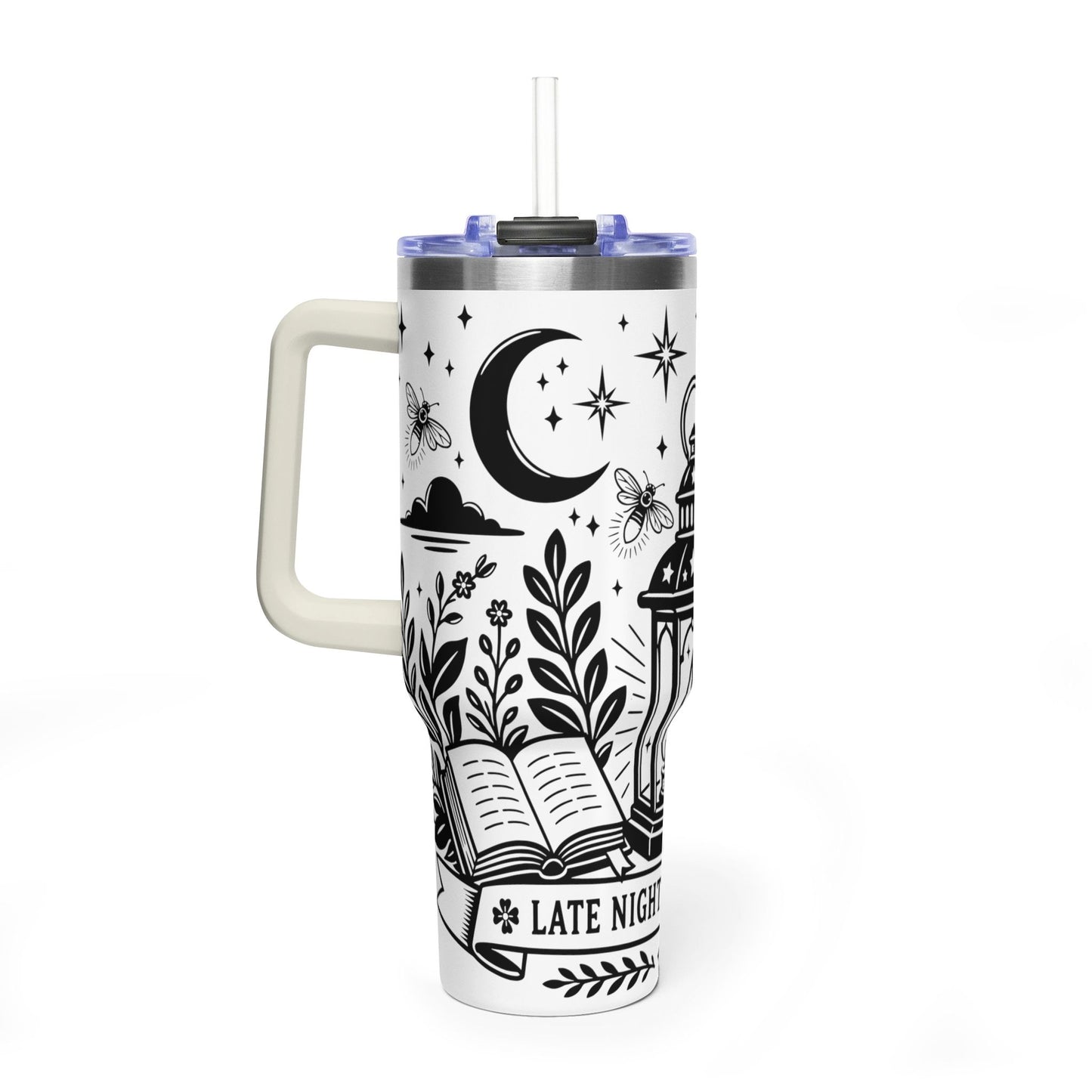 40oz Vacuum Tumbler — "Late Night Reading Club" Lantern & Moon Book Lover Travel Mug