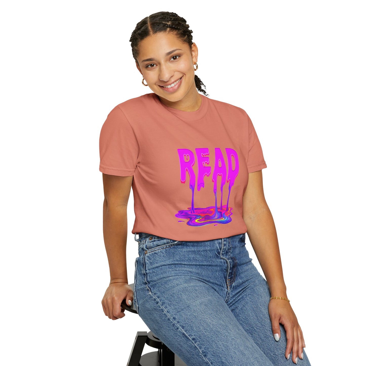 "READ" Dripping Graphic T-Shirt — Psychedelic Melting Book Design