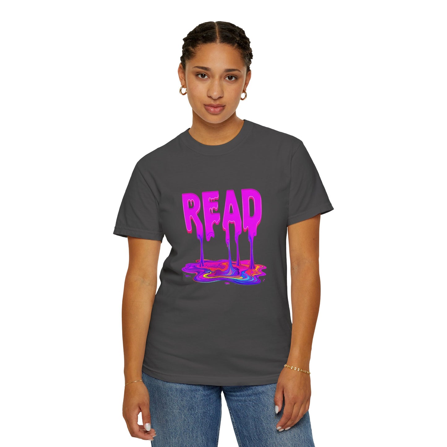 "READ" Dripping Graphic T-Shirt — Psychedelic Melting Book Design