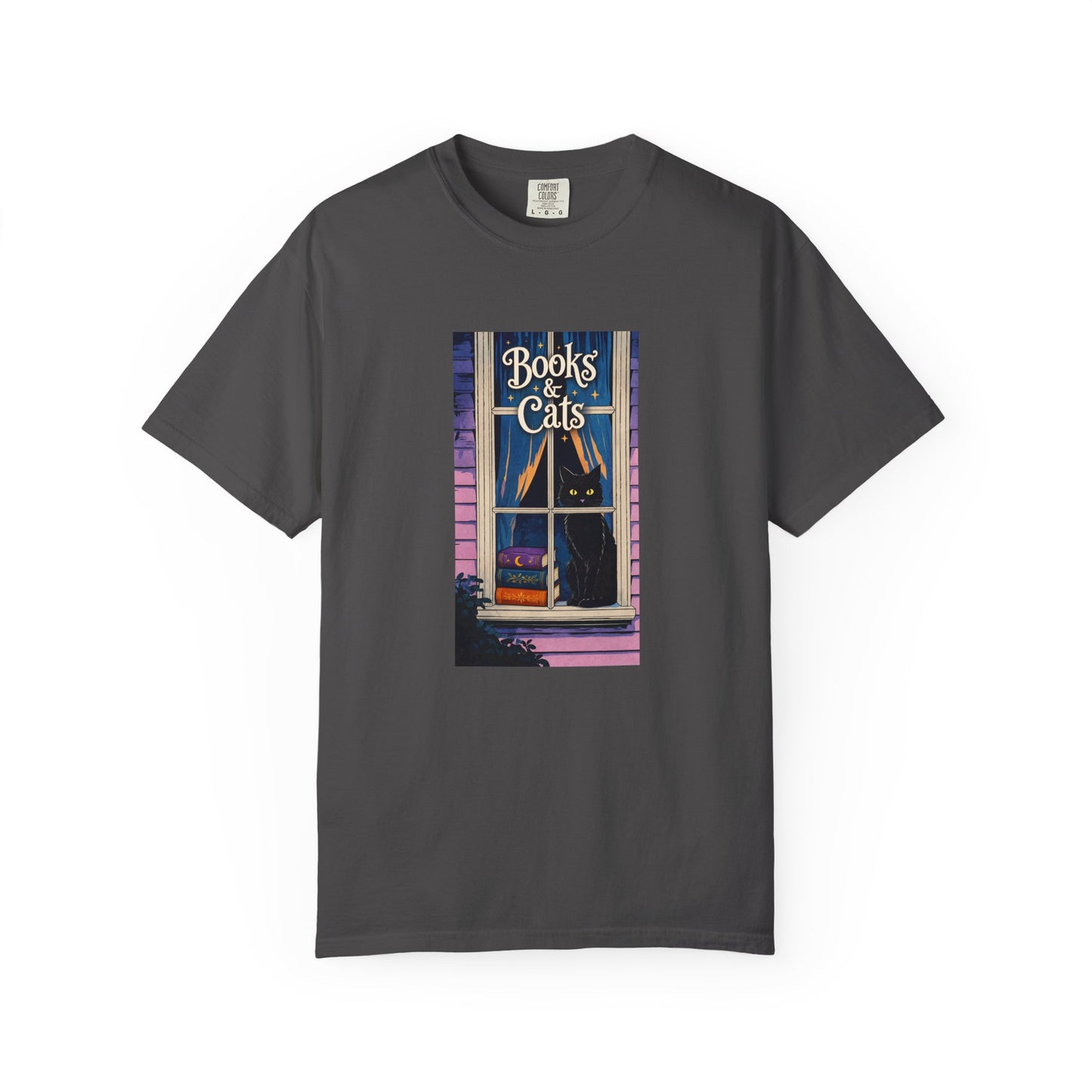 "Books & Cats" T-Shirt — Cozy Bookshop Window Graphic Tee