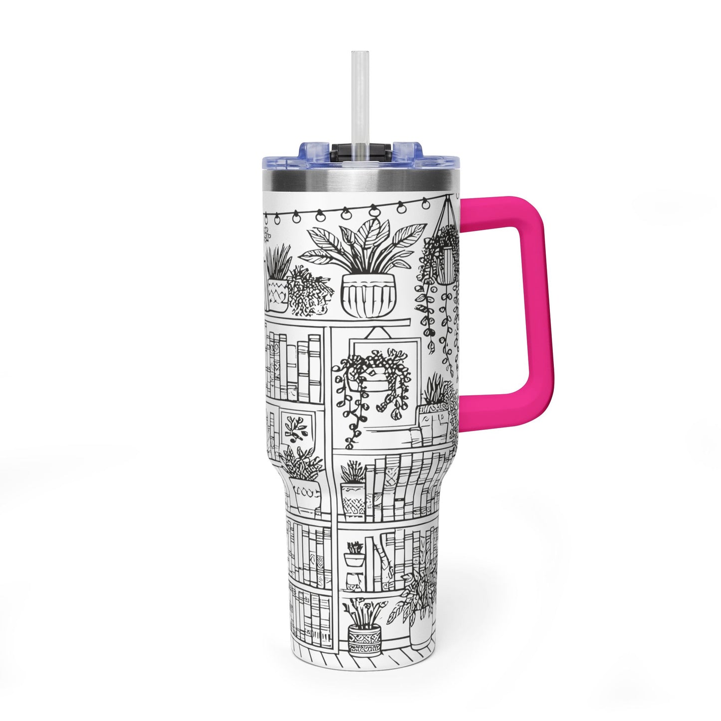 40oz Booklover Vacuum Tumbler – Illustrated Bookshelf Design