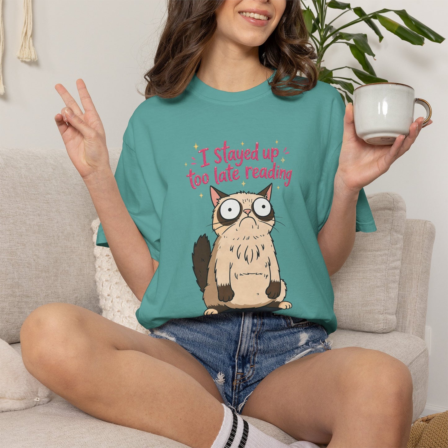 "I Stayed Up Too Late Reading" Cat T-Shirt — Cute Book Lover Graphic Tee