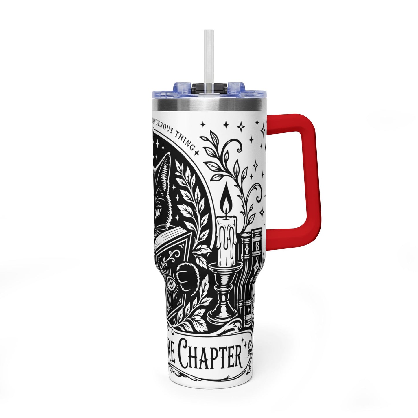 40oz Vacuum Tumbler — Black Cat "Just One More Chapter" Bookish Travel Mug