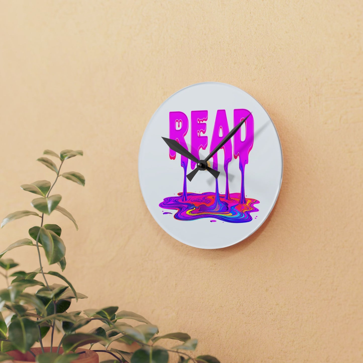 Acrylic Wall Clock — "READ" Drippy Neon Melt Art Clock for Book Lovers