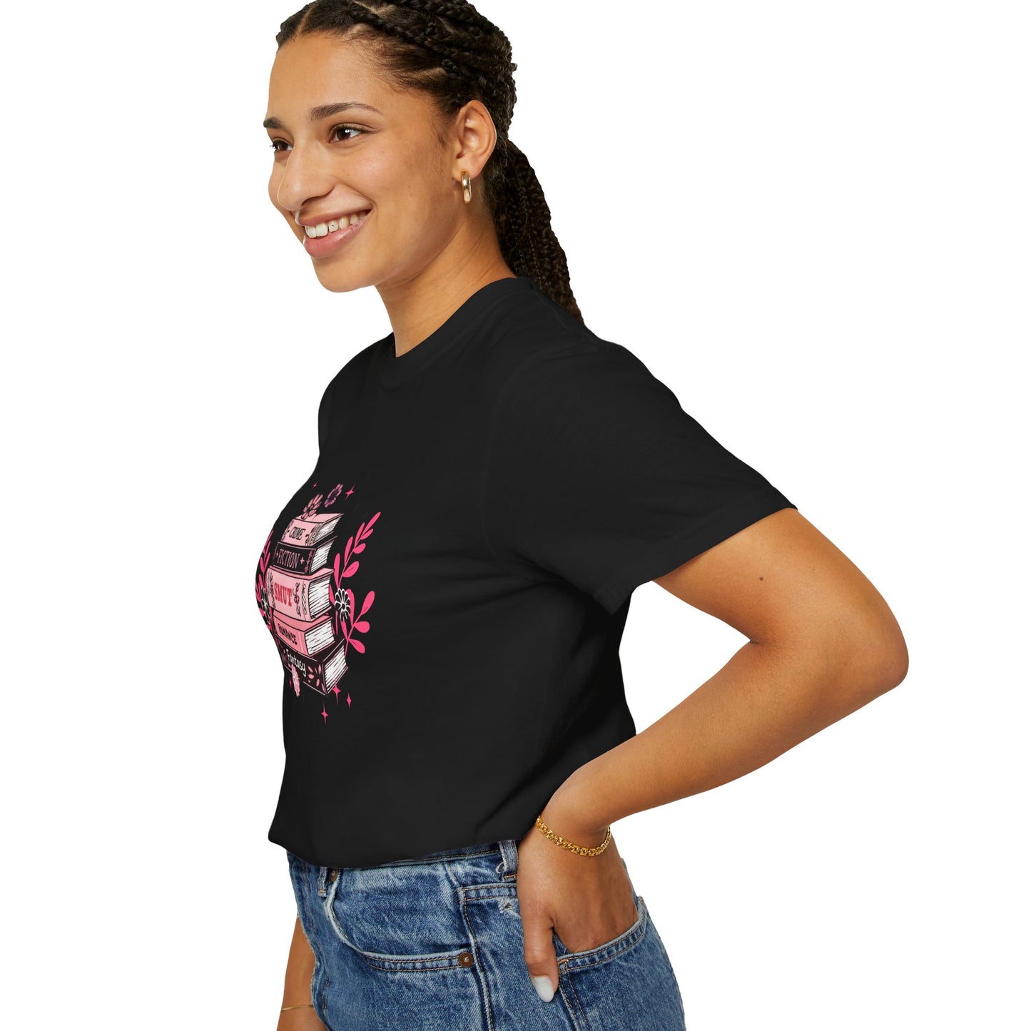 Book Stack Graphic T-Shirt — Cute Floral Reading Shirt (Crime, Fiction, Smut, Romance)