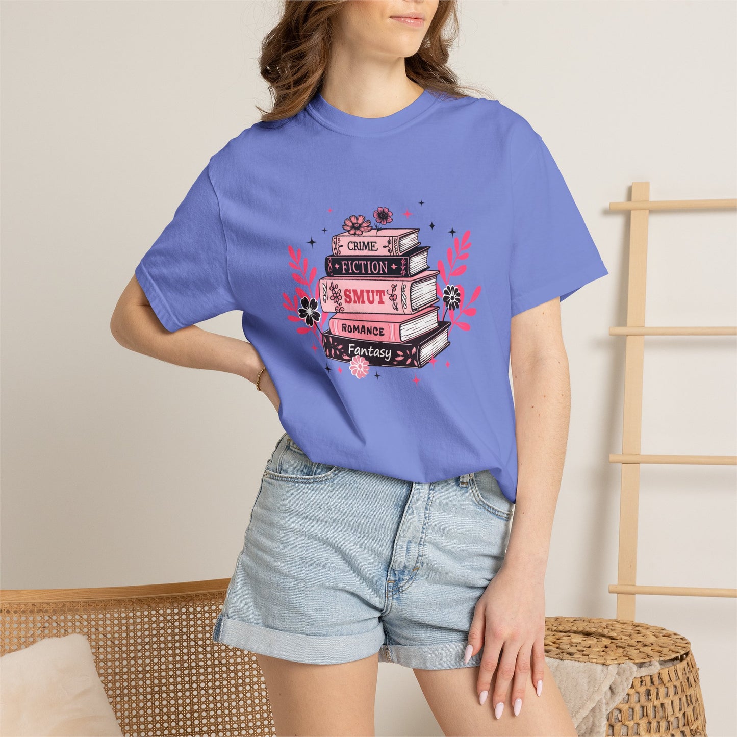 Book Stack Graphic T-Shirt — Cute Floral Reading Shirt (Crime, Fiction, Smut, Romance)