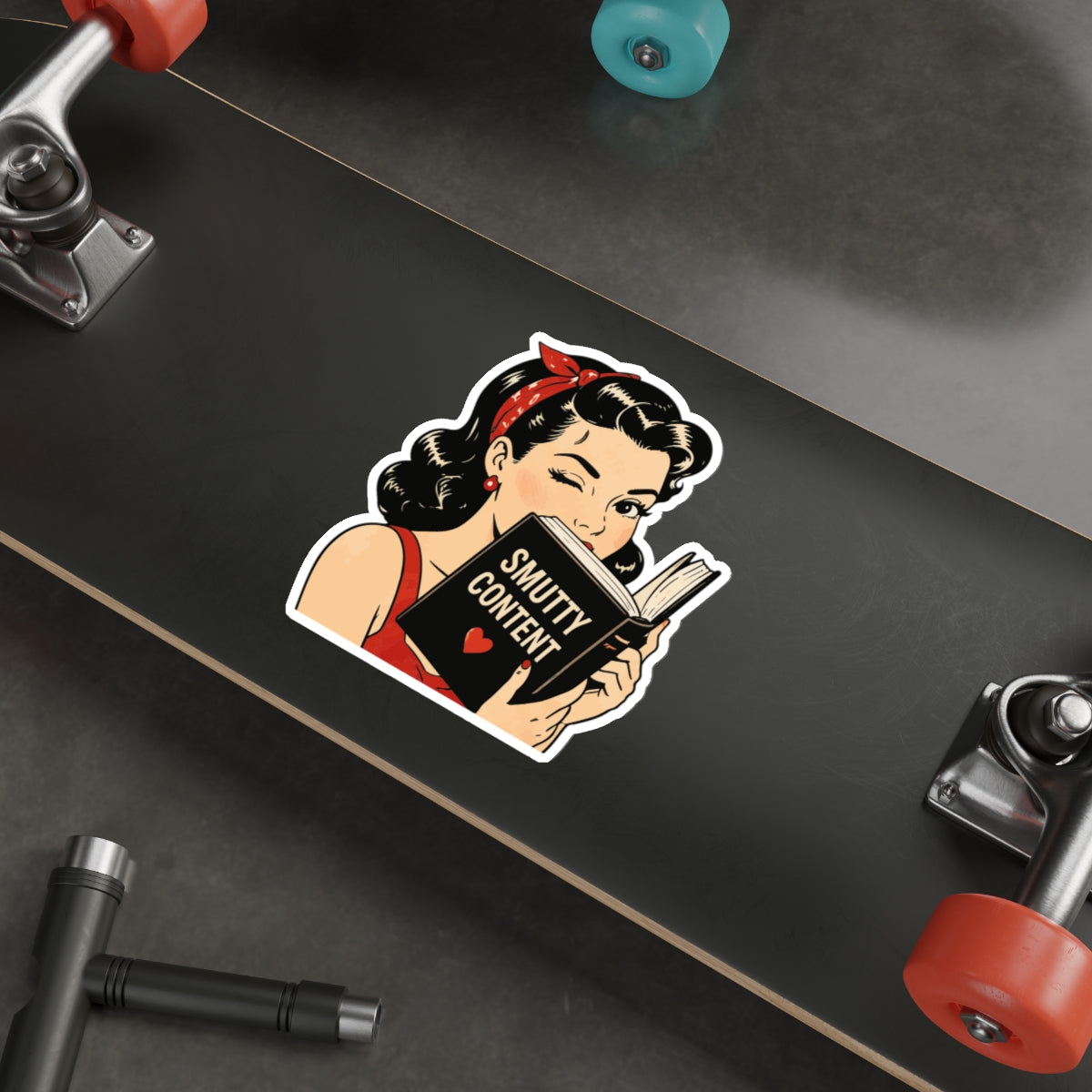 Die-Cut Sticker — Retro Pin-up Girl Reading “Smutty Content” (Vintage Sassy Booksticker)
