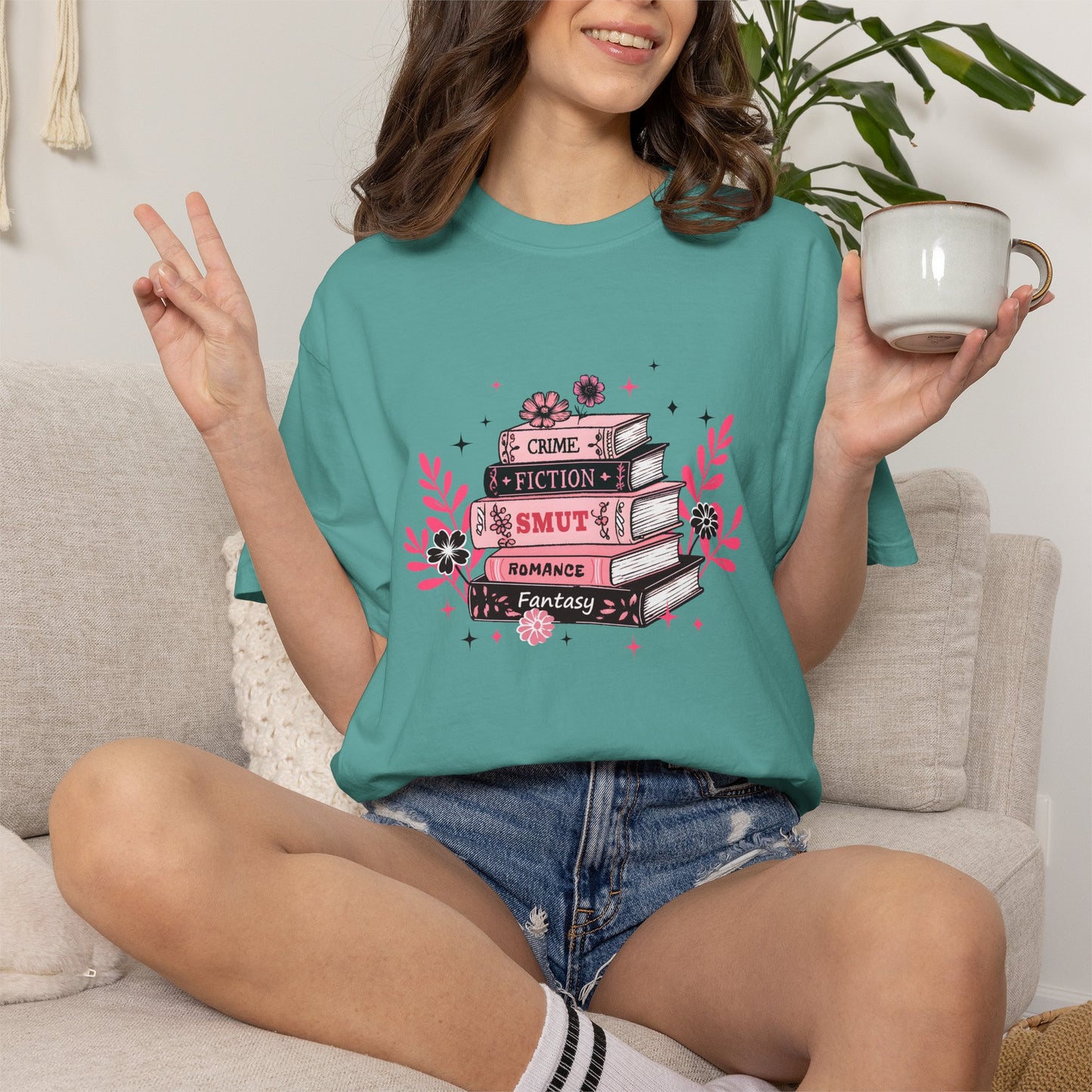 Book Stack Graphic T-Shirt — Cute Floral Reading Shirt (Crime, Fiction, Smut, Romance)