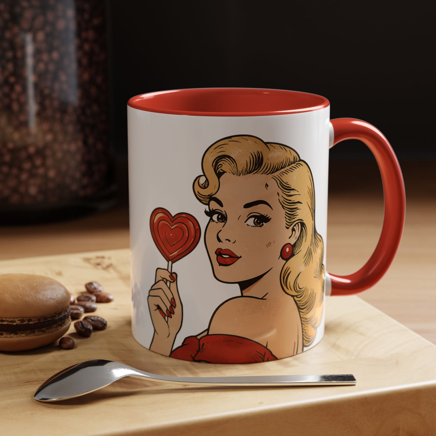 Retro Pin-Up Coffee Mug — Vintage Pop Art Woman with Heart Lollipop (11oz)