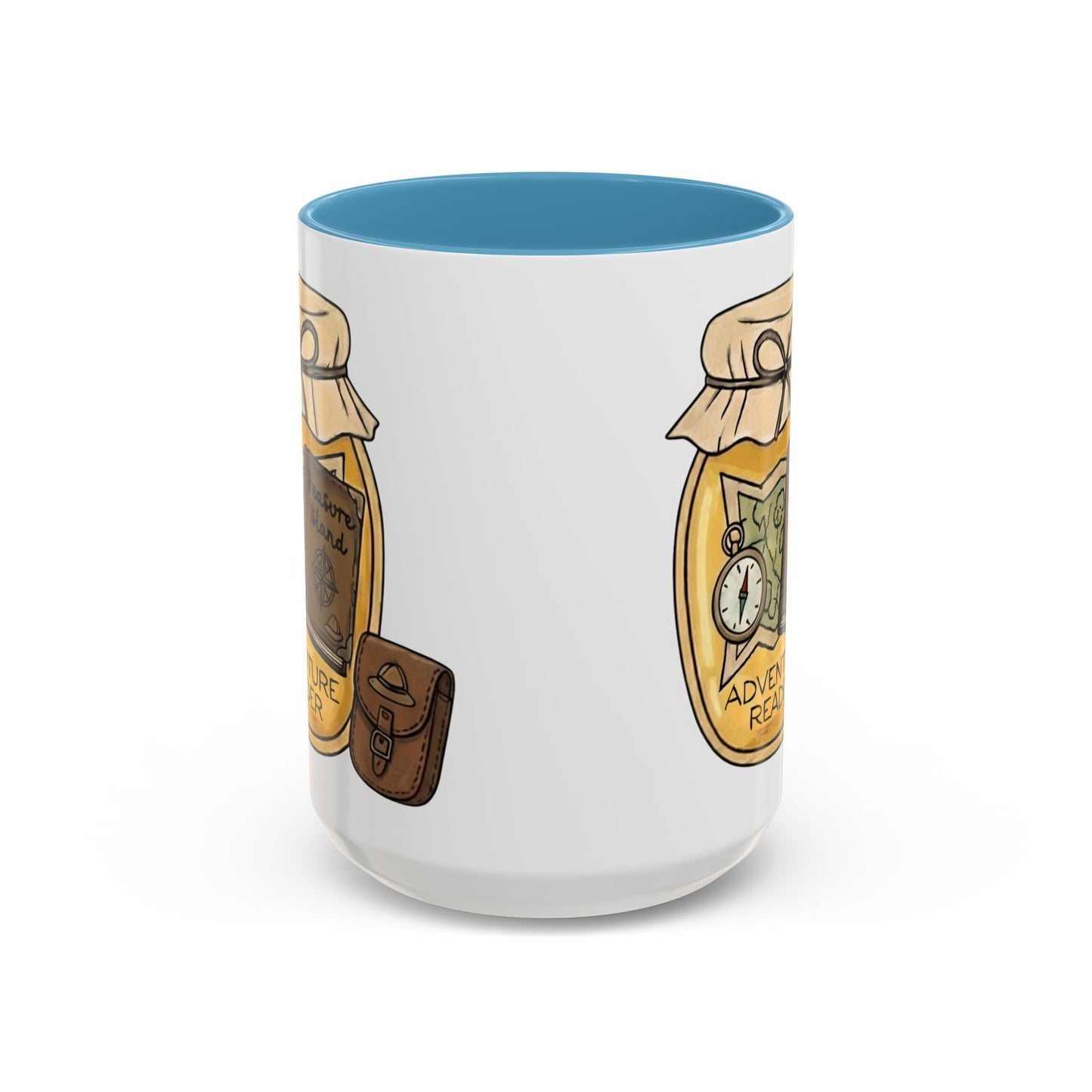 "Adventure Reader" Accent Coffee Mug — Bookish Travel Compass & Treasure Jam Jar Design