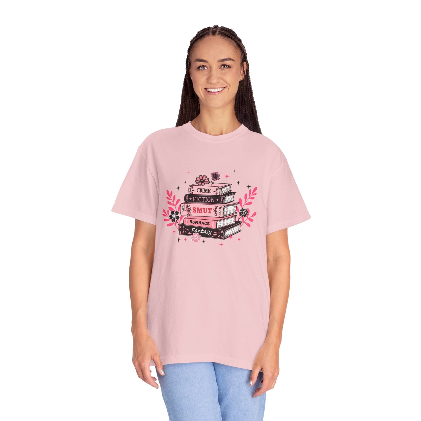Book Stack Graphic T-Shirt — Cute Floral Reading Shirt (Crime, Fiction, Smut, Romance)