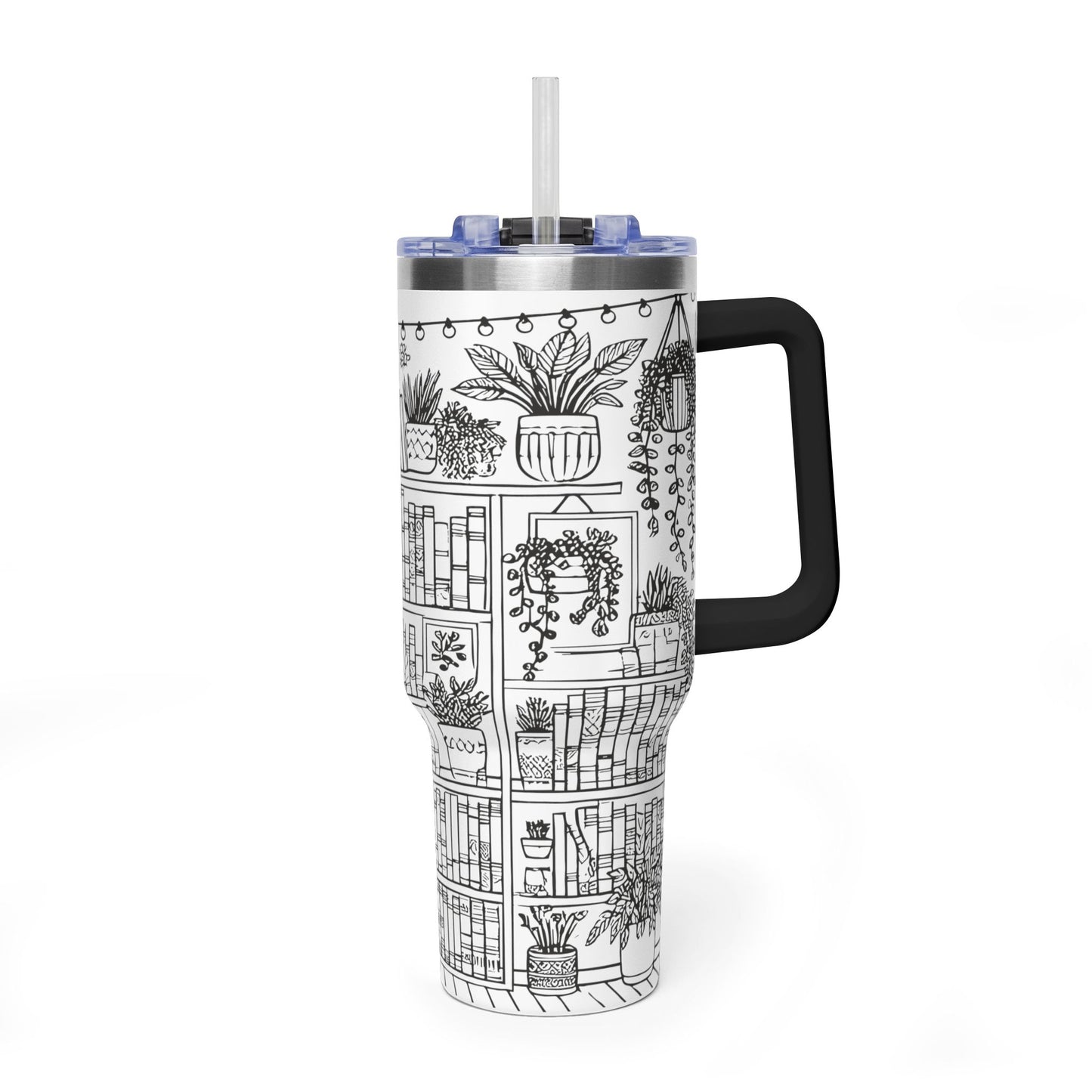 40oz Booklover Vacuum Tumbler – Illustrated Bookshelf Design