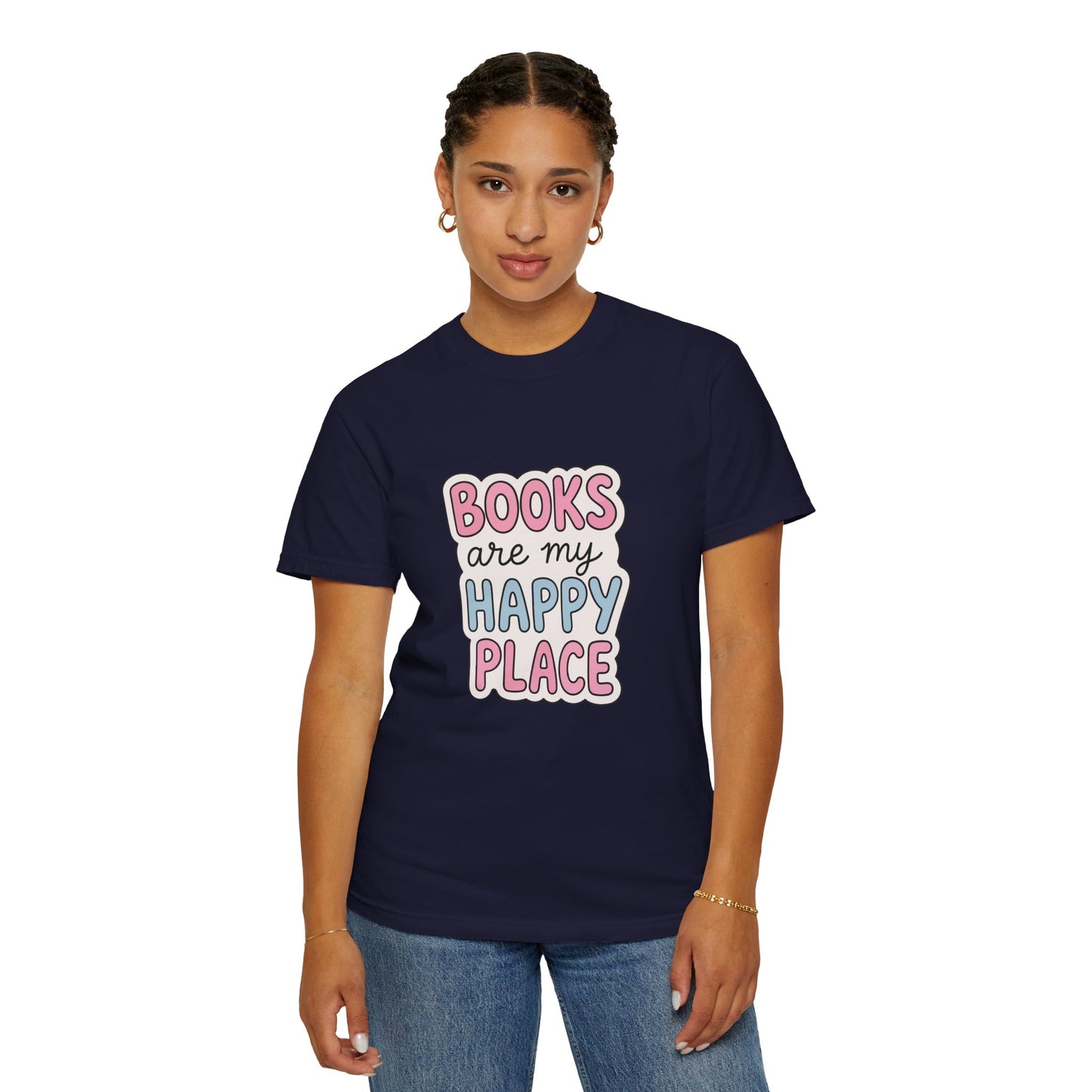 "Books Are My Happy Place" T-Shirt — Cute Pastel Reader Tee
