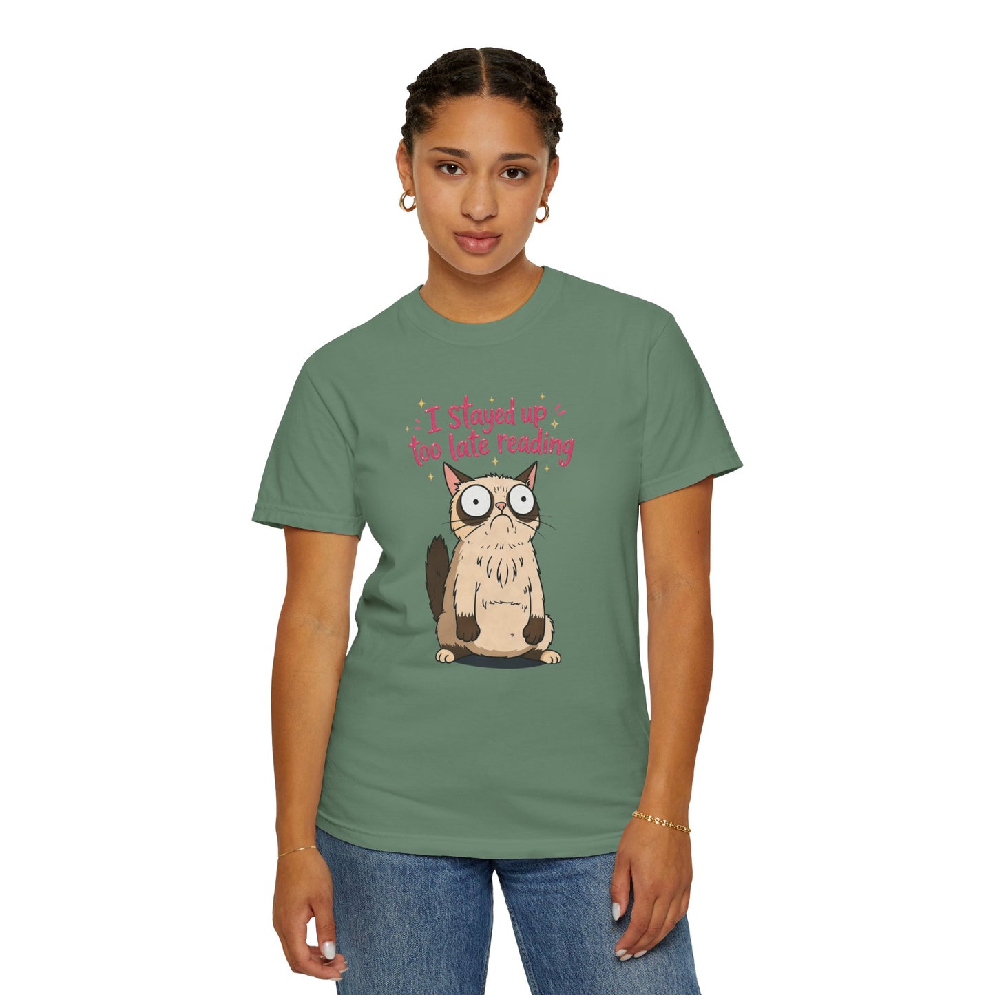 "I Stayed Up Too Late Reading" Cat T-Shirt — Cute Book Lover Graphic Tee